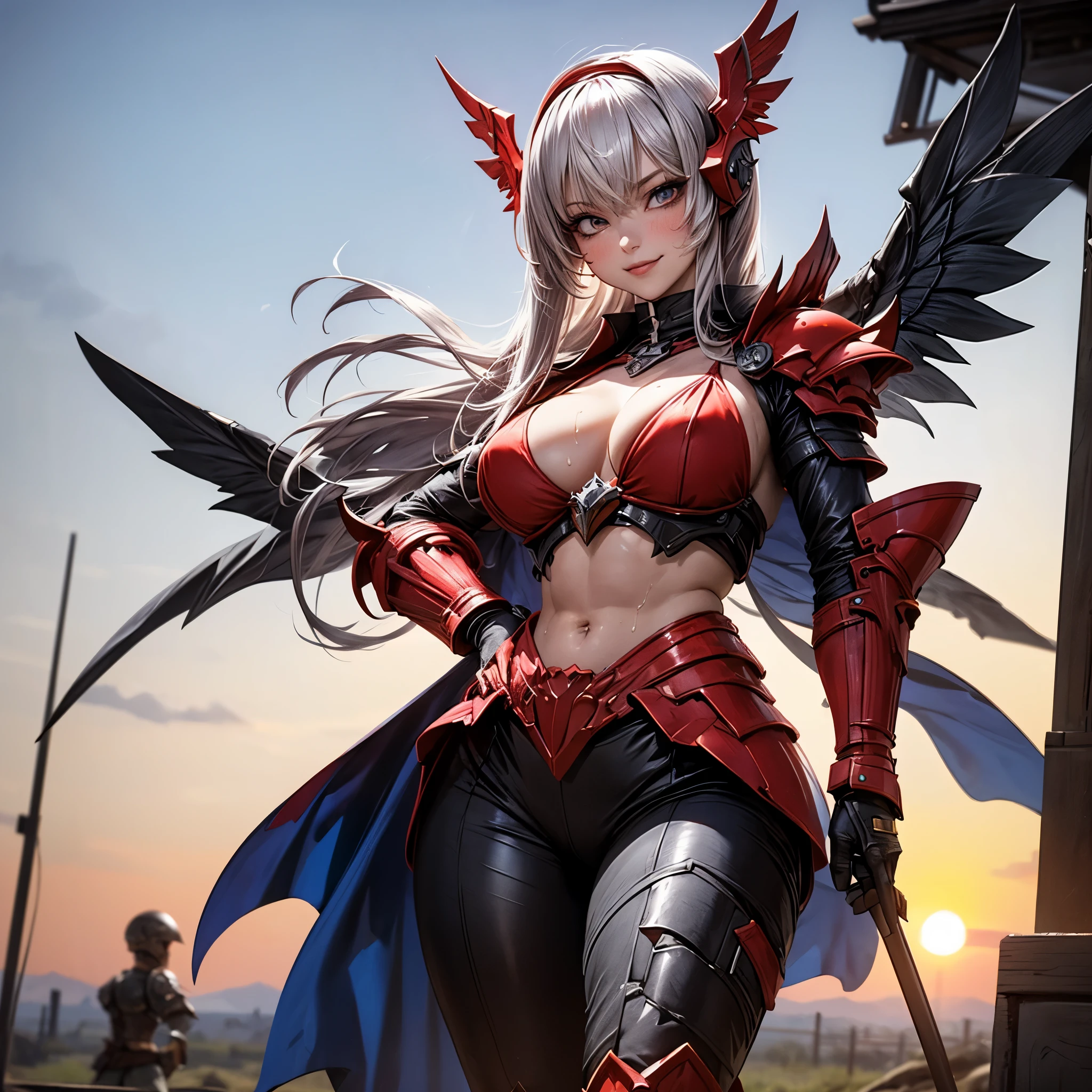 (masterpiece:1.2), (best quality:1.2), perfect eyes, perfect face, volumetric lighting, 1girl, 1boy mature female, hand on hip, flexing biceps, long hair, purple hair, seductive smile, blush, sweat, bikini armor, soldier \(dq3\), winged helmet, red armor, abs, toned, wide hips, thick thighs, huge breasts, sky, detailed background, ((sunset ambiance light:1.0)) add_detail:3