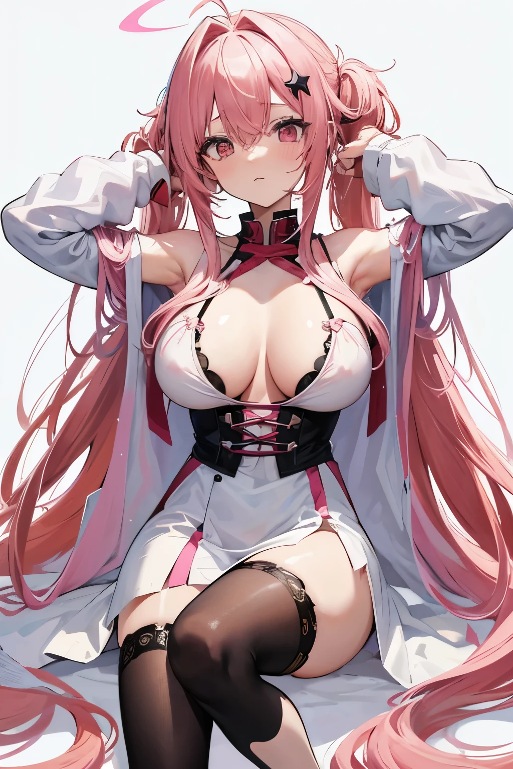 woman, Gradient hair color, red, White background, sidelocks, ribbon, white hairband, hair tie, star hair ornament, gradient eyes, messy hair, pink hair, colored inner hair, ahoge, dress, ta, black stockings, leg, asymmetrical hair, messy hair, pink hair, colored inner hair, ahoge, hair strand, hair over eyes, pink hair, asymmetrical hair, messy hair, streaked hair, ahoge, hair strand, hair over eyes, pink hair, white silk, breasts exposed, Show the chest, r18, sexy body, pink nipples, not wearing clothes, high detail, god rays, ray tracing, UHD, high quality, high details, best quality, highres, 16k