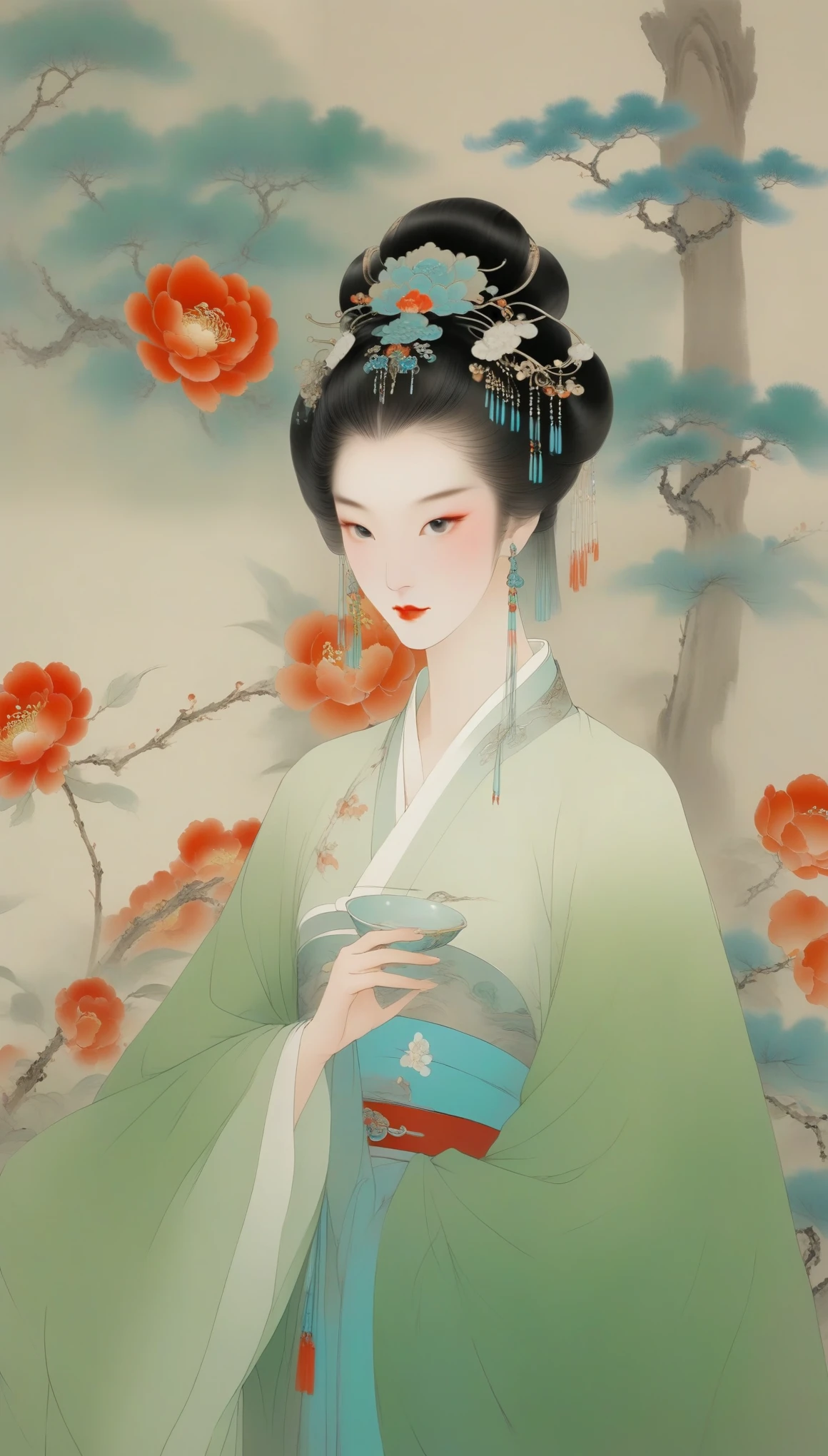 Wu Guanzhong,(The gorgeous and noble Concubine Yang of the Tang Dynasty of China is drinking from an ancient wine cup.:0.85),(Chinese Tang Dynasty costumes),high bun、Exposed breasts、Red silk draped over shoulders,上着窄袖短shirt,Wearing a green floor-length skirt,Yang Guifei, a Tang Dynasty woman with a red belt hanging from her waist, is described as having exquisite facial features and a plump and well-proportioned body.。Her face is delicate,Have long, curved eyebrows,Resembling spring willow leaves,Eyes are big and full of energy,Eye corners raised slightly,The bridge of the nose is high and delicate,The small and rosy cherry mouth adds a lot of charm to her,Ears full and white,Hair is black and shiny,Highlights her fair skin,Good figure,The characteristic of women's clothing in the Tang Dynasty was skirts、shirt、The unity of Pei,An image of bare chest and arms appeared,。Wu Guanzhong兼取中西,His oil paintings are fresh、Bright,Full of national characteristics and lyrical meaning。Later he engaged in innovating ink painting,His paintings are somewhere between figuration and abstraction,Points to note、The rhythm of blending lines and ink blocks,With strong artistic personality and modern flavor。