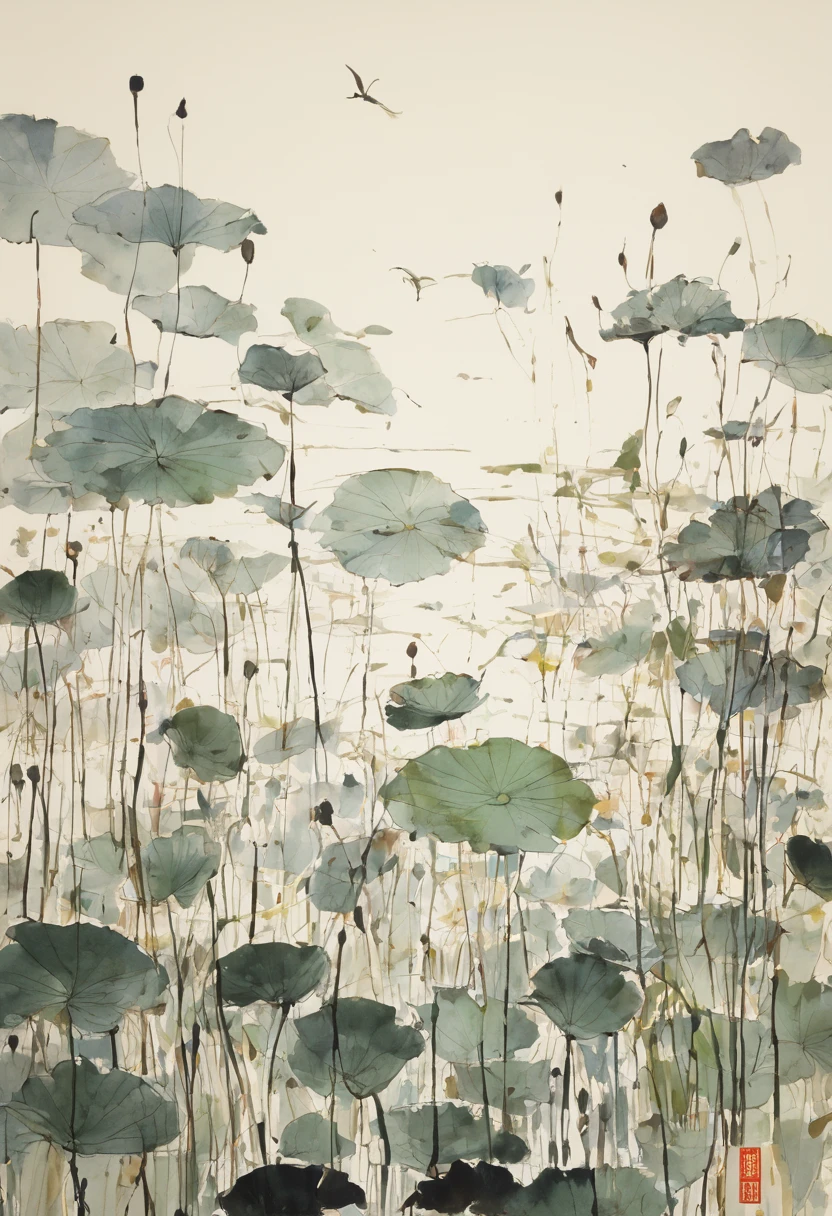 The simple line drawing style of Dry Lotus was inspired by Wu Guanzhong, author：Dazhu bamboo leaves, author：Shozo Shimamoto, Zeng Fanzhi, Juan Miró, by joan snyder, author：Ding Xiongquan, Amano Yoshitaka