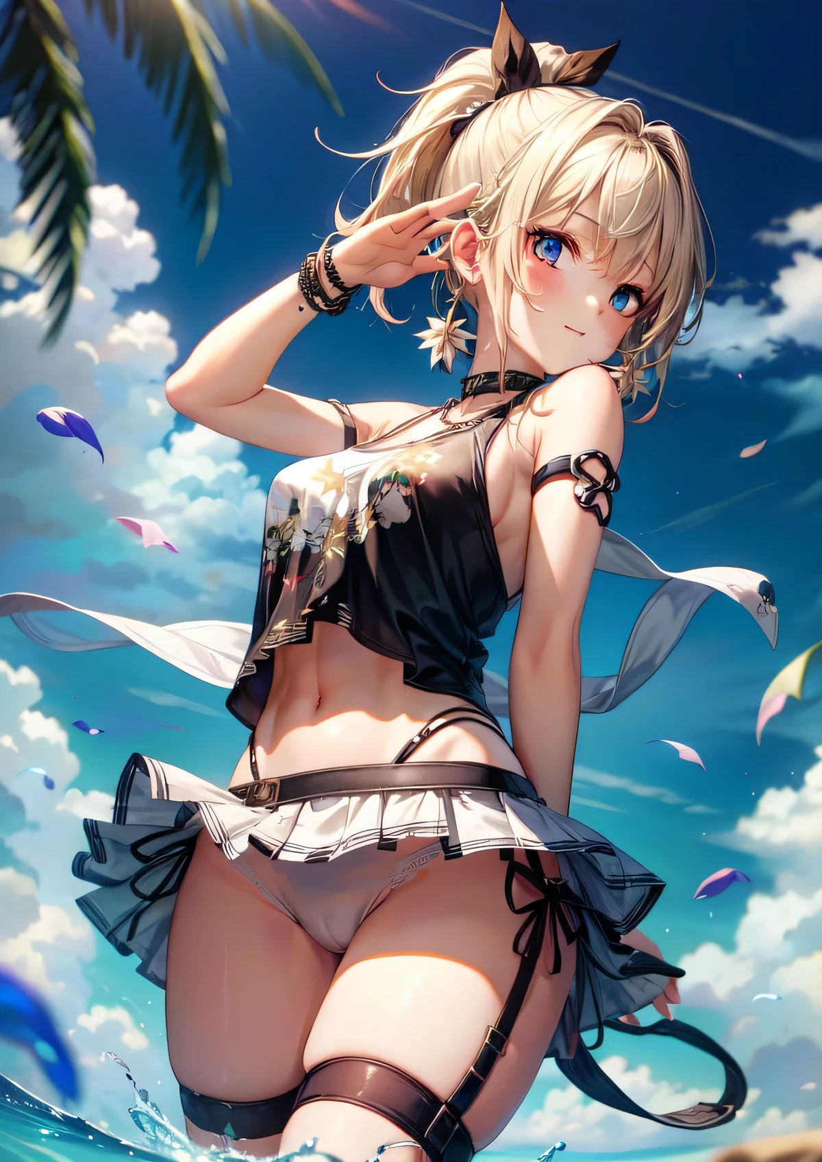 最high quality、best image quality、masterpiece、with a girl((18-year-old、tattered clothes、Black Navel Tank Top、white pants、vest bust、bust 85、blonde、messy ponytail、blue eyes、Open your chest wide、happiness、chain accessories、black wristband on wrist、salute、Lean forward to the viewer))high quality、visual art、With background((Hawaiian))、table top
