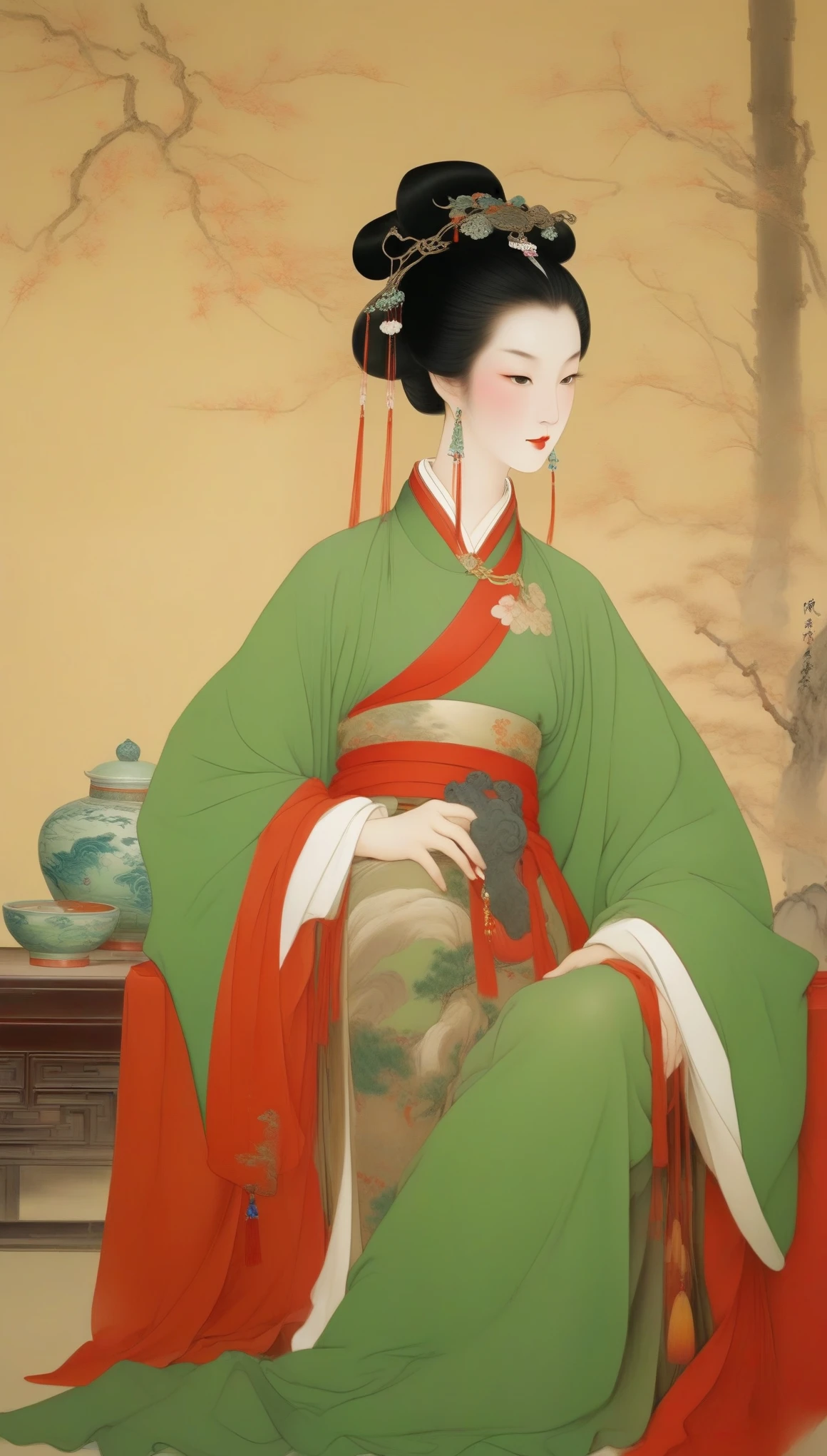 Wu Guanzhong,(The gorgeous and noble Concubine Yang of the Tang Dynasty of China is drinking wine with wine utensils:0.85),(Chinese Tang Dynasty costumes),high bun、Exposed breasts、Red silk draped over shoulders,上着窄袖短shirt,Wearing a green floor-length skirt,Yang Guifei, a Tang Dynasty woman with a red belt hanging from her waist, is described as having exquisite facial features and a plump and well-proportioned body.。Her face is delicate,Have long, curved eyebrows,Resembling spring willow leaves,Eyes are big and full of energy,Eye corners raised slightly,The bridge of the nose is high and delicate,The small and rosy cherry mouth adds a lot of charm to her,Ears full and white,Hair is black and shiny,Highlights her fair skin,Good figure,The characteristic of women's clothing in the Tang Dynasty was skirts、shirt、The unity of Pei,An image of bare chest and arms appeared,。Wu Guanzhong兼取中西,His oil paintings are fresh、Bright,Full of national characteristics and lyrical meaning。Later he engaged in innovating ink painting,His paintings are somewhere between figuration and abstraction,Points to note、The rhythm of blending lines and ink blocks,With strong artistic personality and modern flavor。