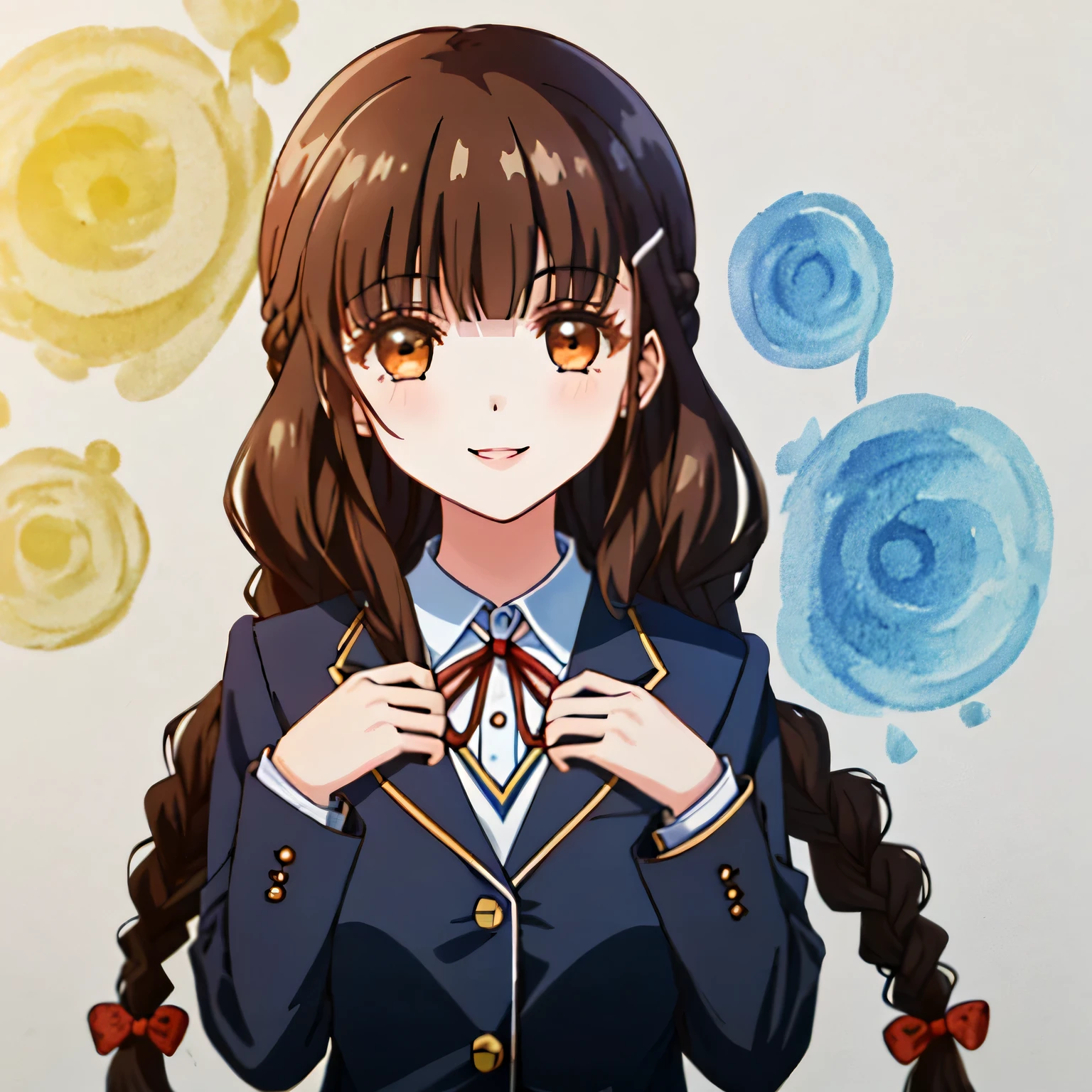 highest quality, (masterpiece:1.2), very detailed, One girl looks at the viewer and smiles, Glossy lips that make you want to kiss, nice smile, brown eyes, (((dark brown hair))), , long braids, big shiny hair clip, school uniform, Luxurious black blazer with a golden patch on the left chest, ((big red ribbon on the chest)), very shiny hair、laughter、bright look、Both face and hair catch the light and shine, The corners of the eyes are drooping, Cute braids, The expression of a maiden in love, (((twin braid hairstyle))), ((((School dark navy color check skirt)))), A gentle and cute expression staring at the viewer, double eyelid, ((long eyelashes)), pure white background