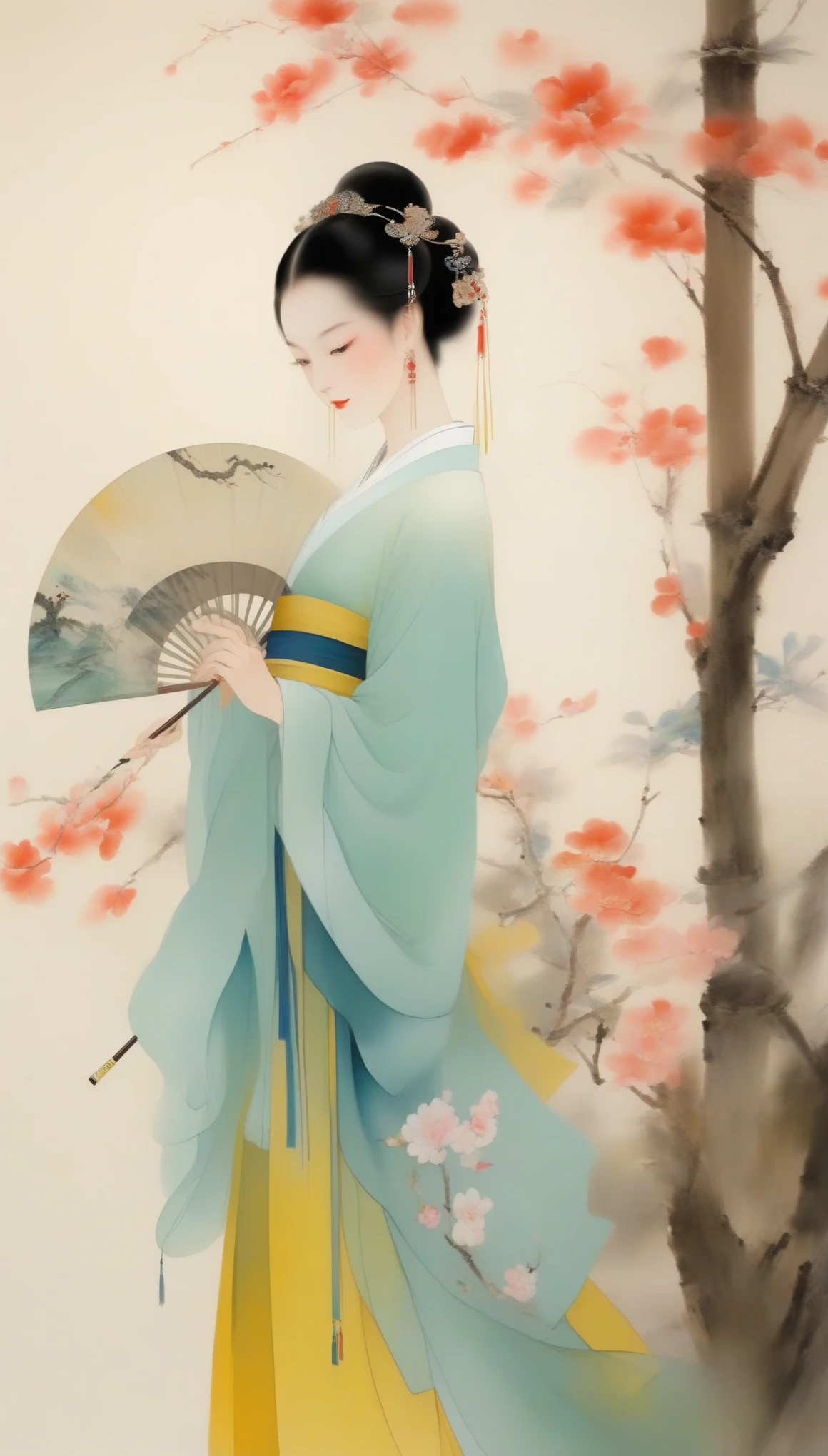 Wu Guanzhong,(中国春秋时期的美女Xi Tzu正在河边浣纱:0.13),(whole body),Xi Tzu,Her figure is slim and graceful,Especially the waist is slender and soft,It gives a gentle and gentle feeling,Skin as white as snow,Exquisite facial features,Especially the eyes are bright and full of energy。Her face shape is usually oval,Liu Yemei,double eyelids,Popular among aristocrats during the Spring and Autumn Period(deep robe),The first characteristic of deep clothing is that the top and bottom are connected;(wide style), "Wide belt" is comfortable to wear,Long and does not mop the floor,The hem does not slit,Wearable with elbow flexion,Sleeve length and arm length are equal,(Girdle your waist with a wide band),The nobles of the Central Plains liked to wear it when they had banquets..
Wu Guanzhong兼取中西,His oil paintings are fresh、Bright,Full of national characteristics and lyrical meaning。Later he engaged in innovating ink painting,His paintings are somewhere between figuration and abstraction,Points to note、The rhythm of blending lines and ink blocks,With strong artistic personality and modern flavor。