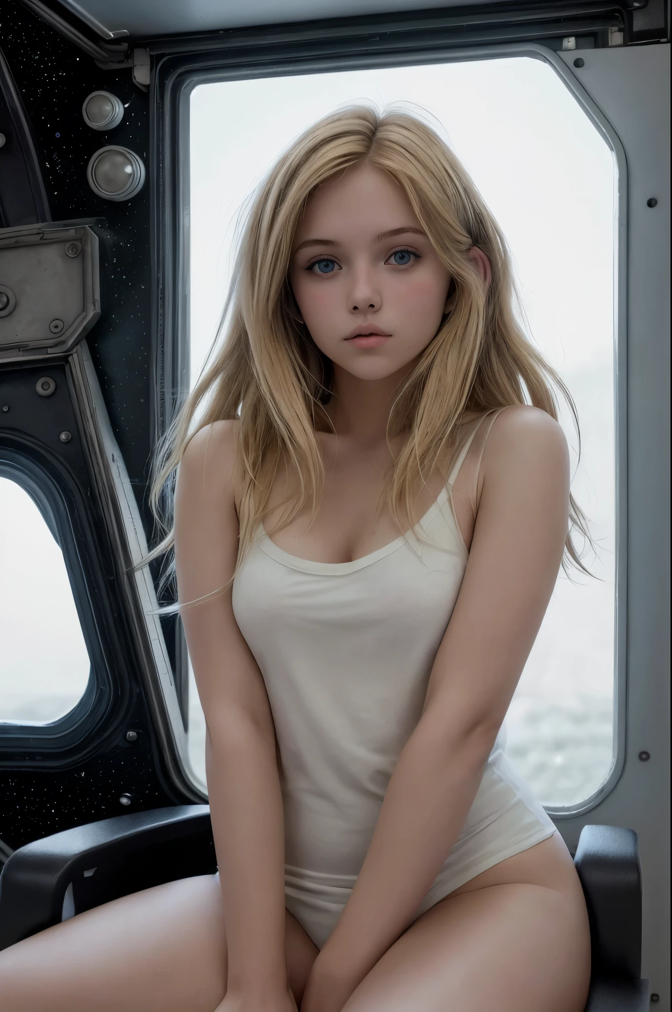 Top quality, full body detail, golden ratio (theatrical lighting: 0.7), masterpiece, spectator angle shot, mouth open, (23-year-old European girl sweaty), straight looking mysteriously happy, camel winger sitting on a crooked train, tousled hair, (in wet white cotton top), sunset, lush full body portrait, perfect face, amazing eyes, bright details (very detailed skin), accent lighting, depth of field, old camera, Consciousness, Digital Grit, War Photography, Dog Perspective Photo Shoot, Bottom to Top