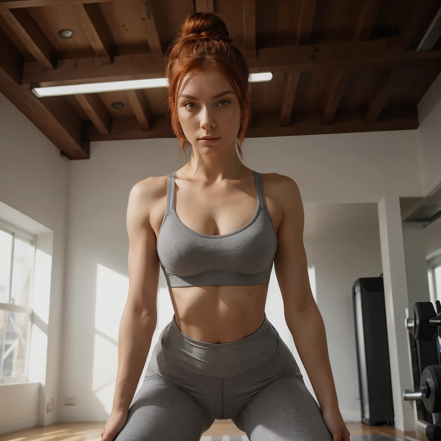 a portrait of slavic girl european type, red hair, grey eyes, realistic,kneels in the gym in tight leggins and bra, hairbun 