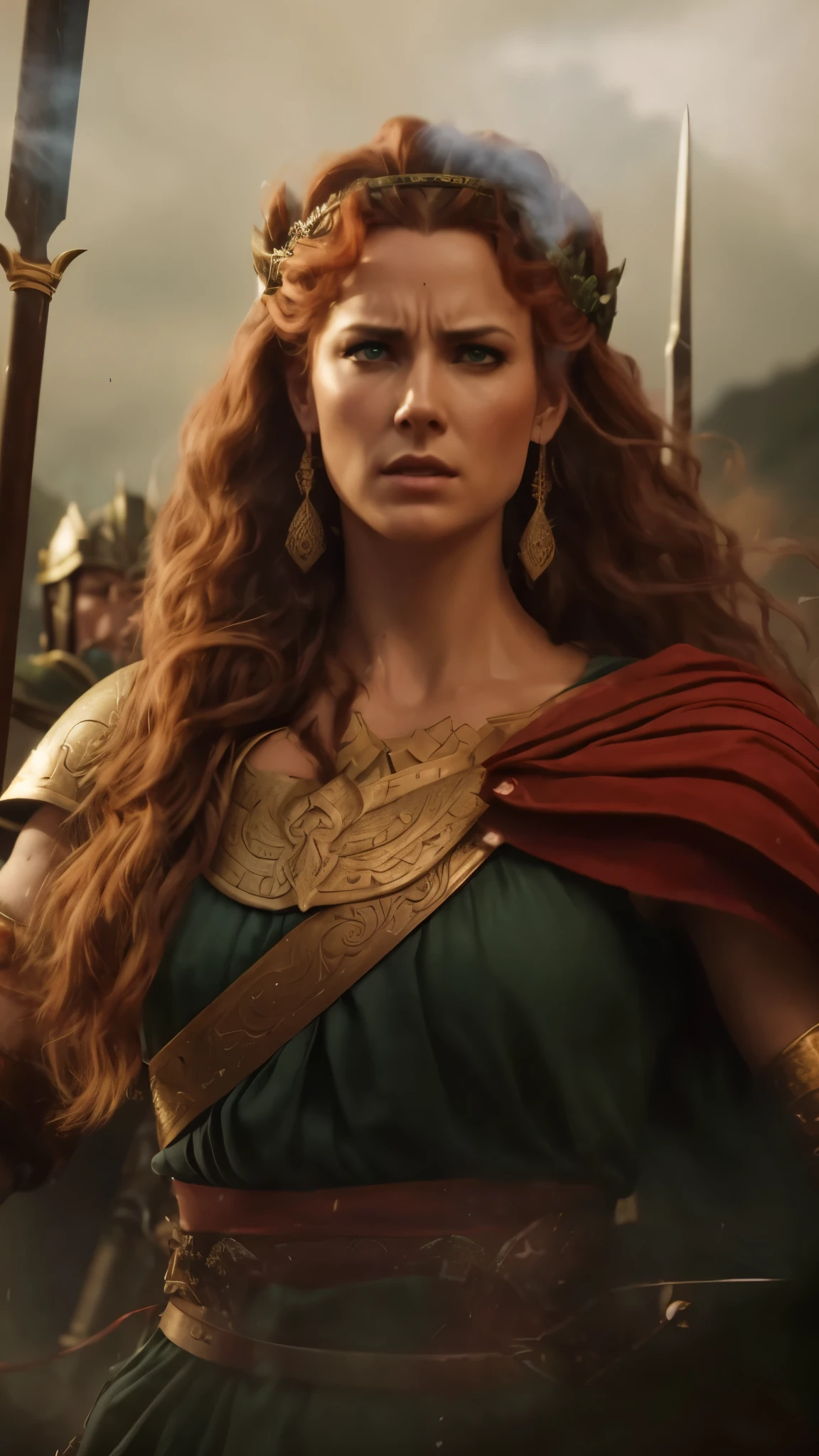 a close up of a woman in a green dress holding a sword, cinematic goddess shot, the godess hera looking angry, cinematic goddess close shot, the goddess hera looking angry, cinematic goddess body shot, fantasy style 8 k octane render, redhead queen in heavy red armor, ps5 cinematic screen capture, epic cinematic still, still from a fantasy movie, highly detailed vfx portrait