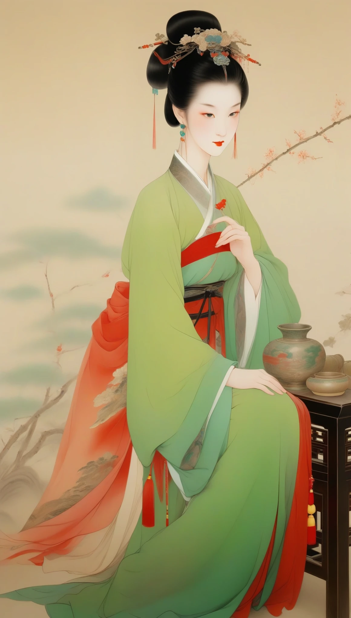 Wu Guanzhong，（The gorgeous and noble Concubine Yang of the Tang Dynasty of China is drinking wine with wine utensils：0.85），(Chinese Tang Dynasty costumes)，high bun、Exposed breasts、Red silk draped over shoulders，上着窄袖短shirt，Wearing a green floor-length skirt，Yang Guifei, a Tang Dynasty woman with a red belt hanging from her waist, is described as having exquisite facial features and a plump and well-proportioned body.。Her face is delicate，Have long, curved eyebrows，Resembling spring willow leaves，Eyes are big and full of energy，Eye corners raised slightly，The bridge of the nose is high and delicate，The small and rosy cherry mouth adds a lot of charm to her，Ears full and white，Hair is black and shiny，Highlights her fair skin，Good figure，The characteristic of women&#39;s clothing in the Tang Dynasty was skirts、shirt、The unity of Pei，An image of bare chest and arms appeared，。Wu Guanzhong兼取中西，His oil paintings are fresh、Bright，Full of national characteristics and lyrical meaning。Later he engaged in innovating ink painting，His paintings are somewhere between figuration and abstraction，Points to note、The rhythm of blending lines and ink blocks，With strong artistic personality and modern flavor。