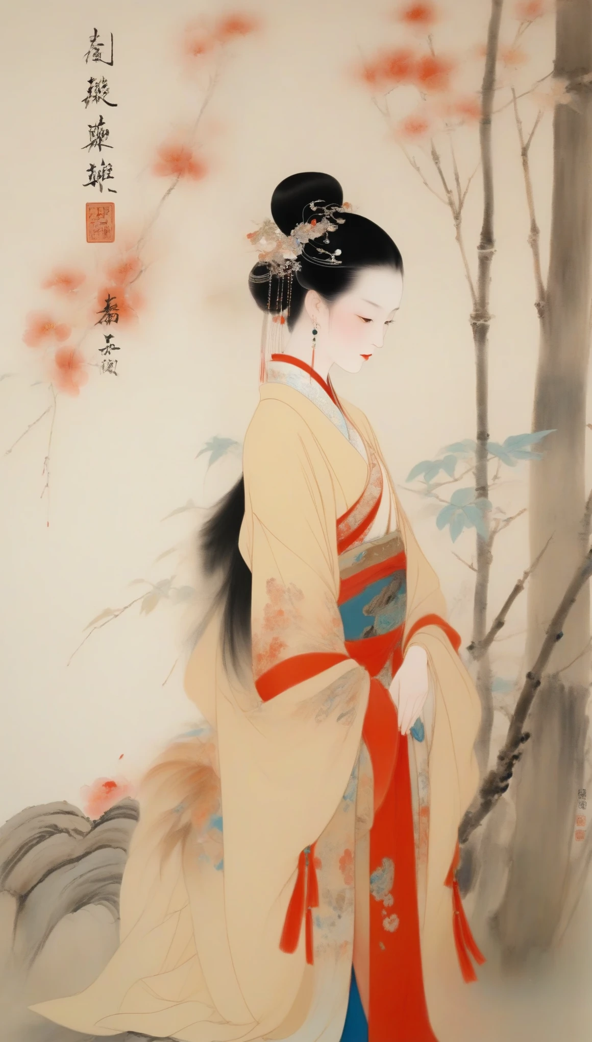 Wu Guanzhong，（Xishi, a beautiful woman from the Spring and Autumn Period of China, is washing her gauze by the river：0.13），（whole body），Xi Shi&#39;s figure is graceful and graceful，long hair，（Especially the waist is slender and soft），It gives a gentle and gentle feeling，Skin as white as snow，Exquisite facial features，Especially the eyes are bright and full of energy。Her face shape is usually oval，Liu Yemei，double eyelids，Popular among aristocrats during the Spring and Autumn Period（deep robe），The first characteristic of deep clothing is that the top and bottom are connected；（wide style）， &quot;Wide belt&quot; is comfortable to wear，Long and does not mop the floor，The hem does not slit，Wearable with elbow flexion，Sleeve length and arm length are equal，（Girdle your waist with a wide band），The nobles of the Central Plains liked to wear it when they had banquets..
Wu Guanzhong兼取中西，His oil paintings are fresh、Bright，Full of national characteristics and lyrical meaning。Later he engaged in innovating ink painting，His paintings are somewhere between figuration and abstraction，Points to note、The rhythm of blending lines and ink blocks，With strong artistic personality and modern flavor。