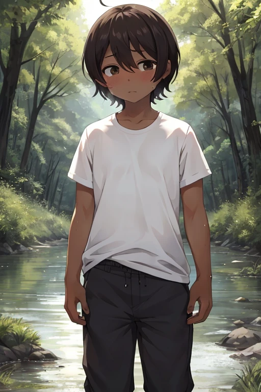 highest quality, High resolution, very detailed, Boyish1 person, tanned skin, brown skin, black eye, short bob, wearing a white shirt, river, sunny, in the forest, anime, wet, one pair of pants, shy, not wearing pants, highest quality, High resolution, very detailed, Boyish1 person, tanned skin, brown skin, black eye, short bob, wearing a white shirt, river, sunny, in the forest, anime, wet, one pair of pants, shy, not wearing pants,