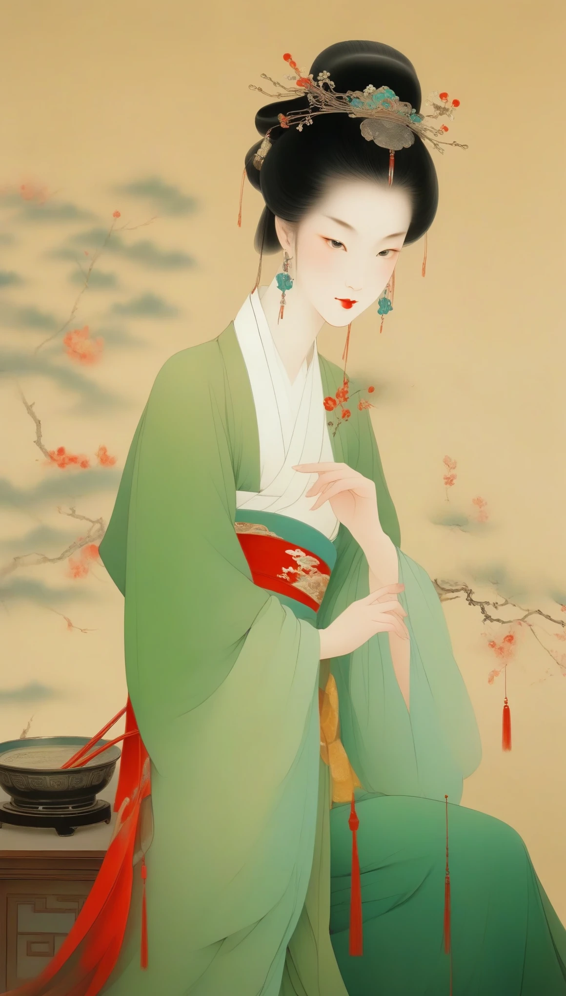 Wu Guanzhong，（The gorgeous and noble Concubine Yang of the Tang Dynasty of China is drinking wine with wine utensils：0.85），(Chinese Tang Dynasty costumes)，high bun、Exposed breasts、Red silk draped over shoulders，上着窄袖短shirt，Wearing a green floor-length skirt，Yang Guifei, a Tang Dynasty woman with a red belt hanging from her waist, is described as having exquisite facial features and a plump and well-proportioned body.。Her face is delicate，Have long, curved eyebrows，Resembling spring willow leaves，Eyes are big and full of energy，Eye corners raised slightly，The bridge of the nose is high and delicate，The small and rosy cherry mouth adds a lot of charm to her，Ears full and white，Hair is black and shiny，Highlights her fair skin，Good figure，The characteristic of women&#39;s clothing in the Tang Dynasty was skirts、shirt、The unity of Pei，An image of bare chest and arms appeared，。Wu Guanzhong兼取中西，His oil paintings are fresh、Bright，Full of national characteristics and lyrical meaning。Later he engaged in innovating ink painting，His paintings are somewhere between figuration and abstraction，Points to note、The rhythm of blending lines and ink blocks，With strong artistic personality and modern flavor。