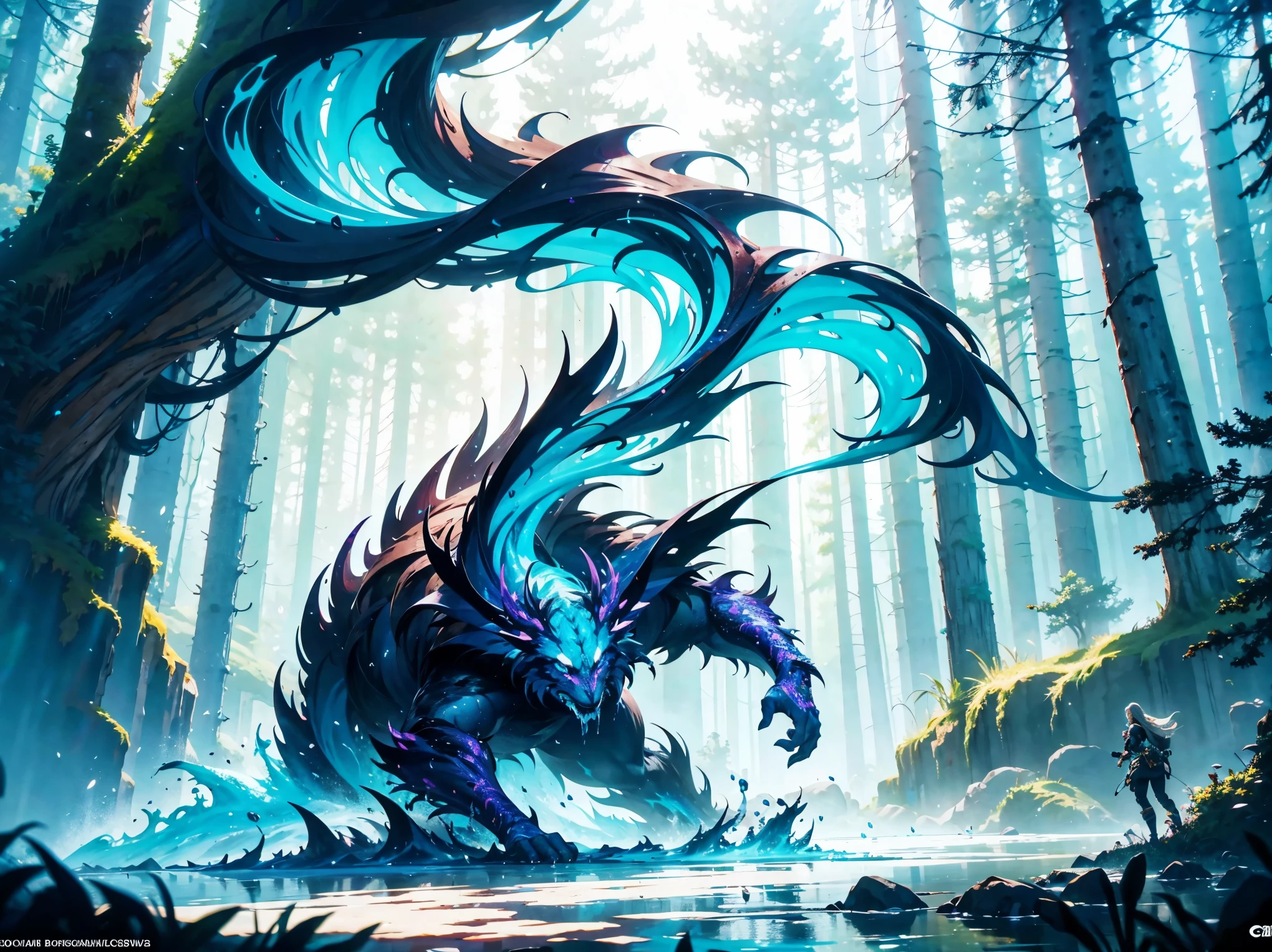 Beautiful animated creatures, forest backgrou)), Epic Instagram, art  stations, Drops of abstract paint, splash style of color paint, contours, Super detailed complex detailed , vivd colour, unreal-engine, dream-like, Complicated details, splash image, complementary colours, Fantasy concept