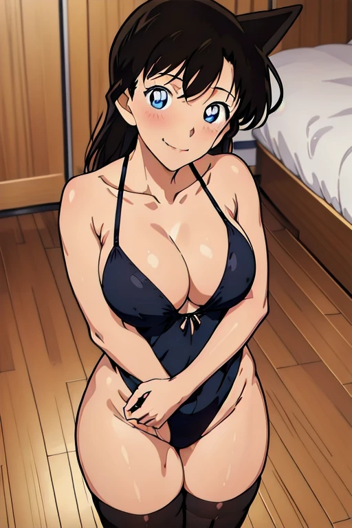 1 girl, In underwear ((black knee highs)), blue eyes, smile, Are standing, ((living)), sharp outline, highest quality, masterpiece、exposed、,big breasts、(show cleavage)、big breastsを持ち上げる、from diagonally below、slouch,(face to breasts)、７hug my old son、hug、Tolerant、put your face in the cleavage。child、childを抱き上げる、pinch your nipples、childを掴む、を引き寄せる