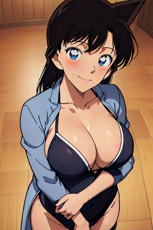 1 girl, In underwear ((black knee highs)), blue eyes, smile, Are standing, ((living)), sharp outline, highest quality, masterpiece、exposed、,big breasts、(show cleavage)、big breastsを持ち上げる、from diagonally below、slouch,(face to breasts)、７hug my old son、hug、Tolerant、put your face in the cleavage。child、childを抱き上げる、pinch your nipples、childを掴む、を引き寄せる