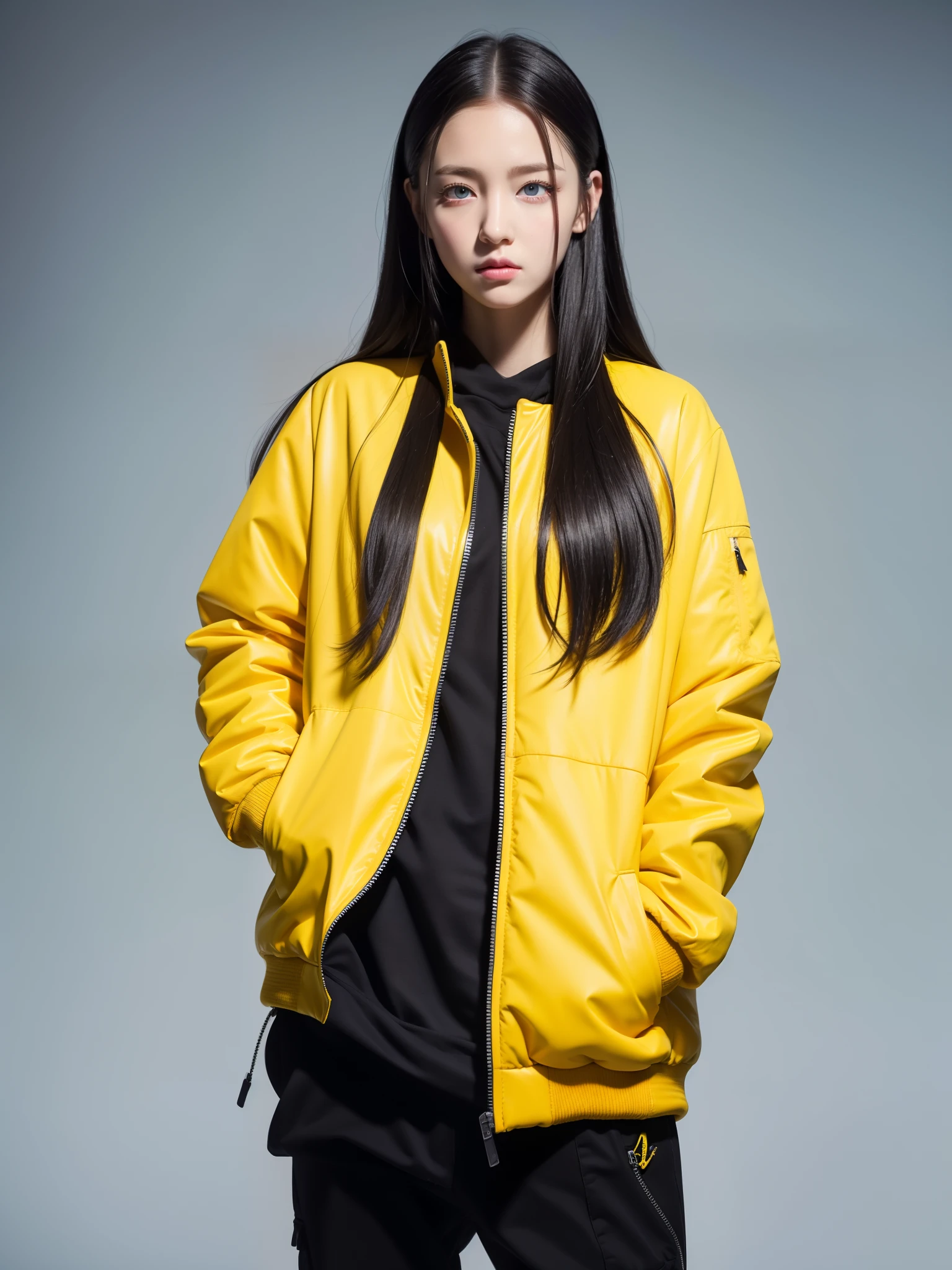 a girl, yellow jacket, hands in pockets, staring at another person, long black hair, heterochromatic eyes, heterochromatic eyes, heterochromatic pupils, 8k resolution, Very detailed, anatomically correct, number, concept art, Xin Haicheng style, Clear picture,