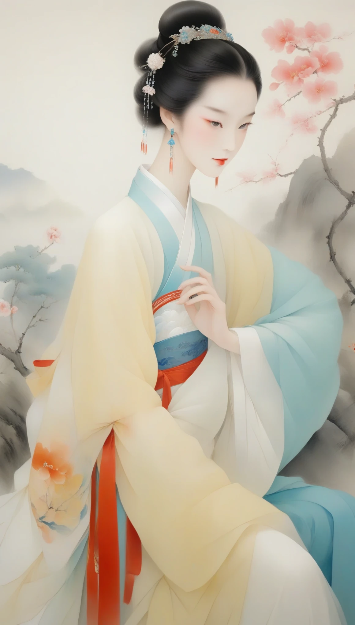 Wu Guanzhong,(中国春秋时期的long hair的美女Xi Tzu正在riverside浣纱:0.13),(whole body),(Blue and white clothing),Xi Tzu,long hair,Her figure is slim and graceful,Especially the waist is slender and soft,It gives a gentle and gentle feeling,Skin as white as snow,Exquisite facial features,Especially the eyes are bright and full of energy。Her face shape is usually oval,Liu Yemei,double eyelids,Popular among aristocrats during the Spring and Autumn Period(deep robe),The first characteristic of deep clothing is that the top and bottom are connected;(wide style), "Wide belt" is comfortable to wear,Long and does not mop the floor,The hem does not slit,Wearable with elbow flexion,Sleeve length and arm length are equal,(Girdle your waist with a wide band),background:riverside.
Wu Guanzhong兼取中西,His oil paintings are fresh、Bright,Full of national characteristics and lyrical meaning。Later he engaged in innovating ink painting,His paintings are somewhere between figuration and abstraction,Points to note、The rhythm of blending lines and ink blocks,With strong artistic personality and modern flavor。