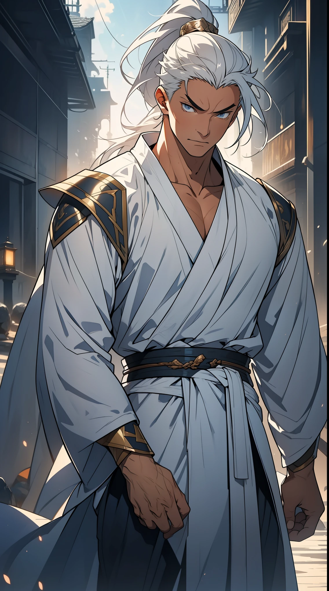 two-dimensional，anime style，one person（male warrior），Correct proportions，facial details，swordsman，high ponytail hairstyle，neck detail，There is an Adam&#39;apple，white robe，joke，white robe，clothing details，transfer，long sleeves，Game quality，fencing，Ray tracing，Ray tracing，Detailed glow，CG rendering，hair details，long white hair，blue eyes，Handsome，Handsome，（feeling of youth），Costumes are complicated，perfect composition，refine，high quality，More details，complex background，a sense of atmosphere，