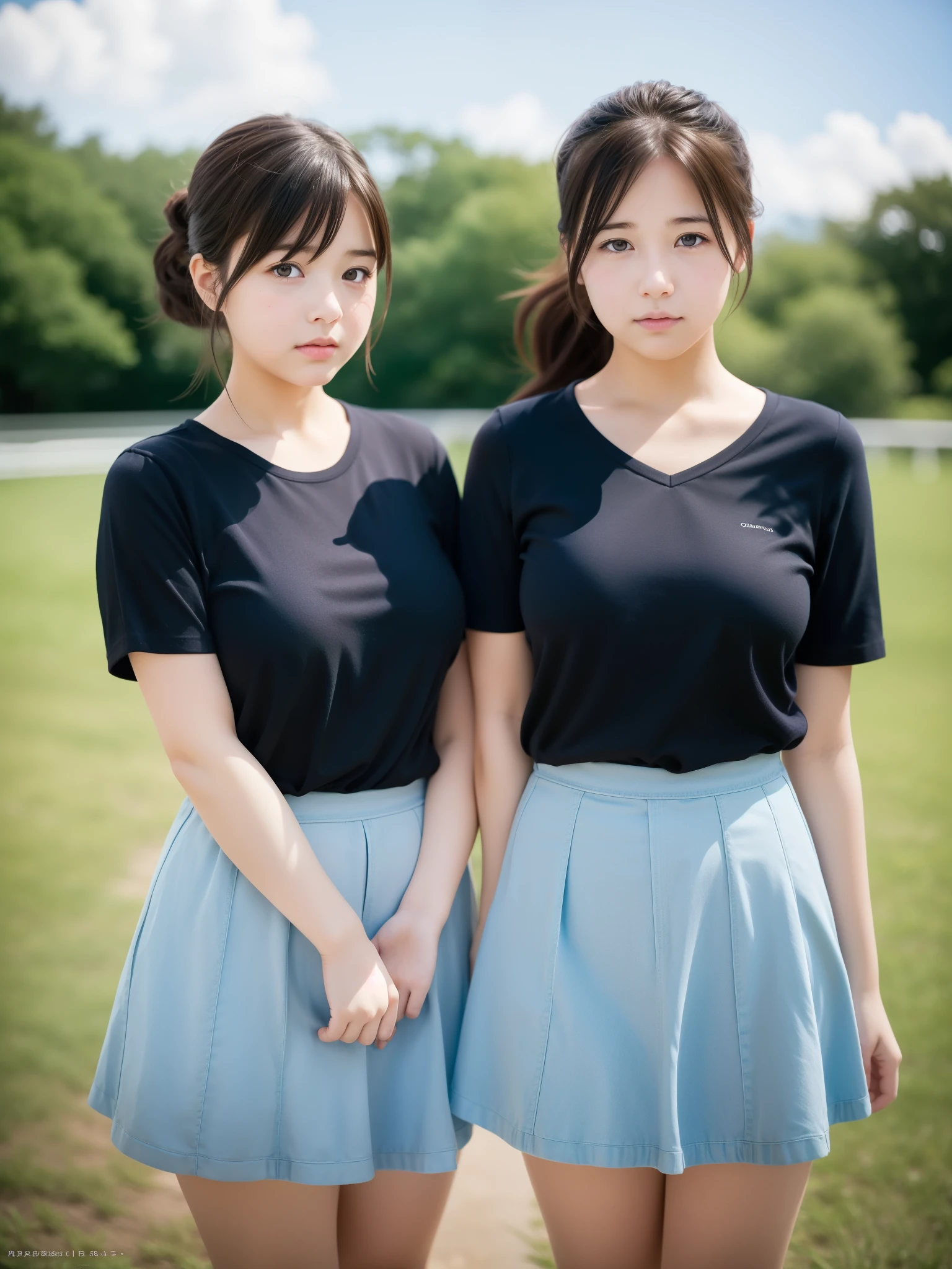 Beautiful chubby cute twin girls in Makoto Shinkai manga art style, Close-up photos, Photos taken with Canon EOS R5 DSLR camera, Light, Super real photos, intricate details, Her face is very delicate,ponytail,horse face skirt