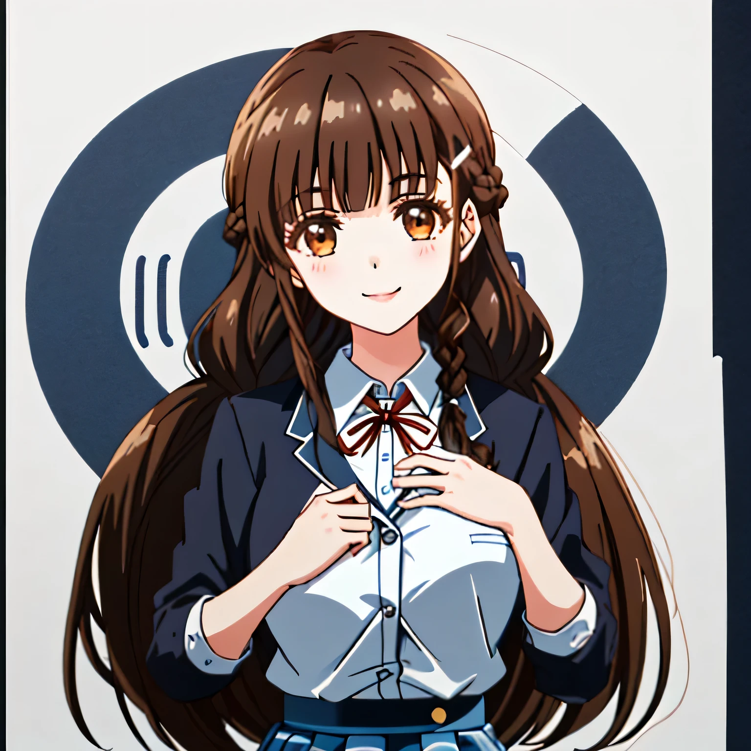 highest quality, (masterpiece:1.2), very detailed, One girl looks at the viewer and smiles, Glossy lips that make you want to kiss, nice smile, brown eyes, (((dark brown hair))), 15 years old, long braids, big shiny hair clip, school uniform, Luxurious black blazer with a golden patch on the left chest, ((big red ribbon on the chest)), very shiny hair、laughter、bright look、Both face and hair catch the light and shine, The corners of the eyes are drooping, Cute braids, The expression of a maiden in love, (((twin braid hairstyle))), ((((black and navy checked skirt)))), A gentle and cute expression staring at the viewer, double eyelid, ((long eyelashes)), pure white background