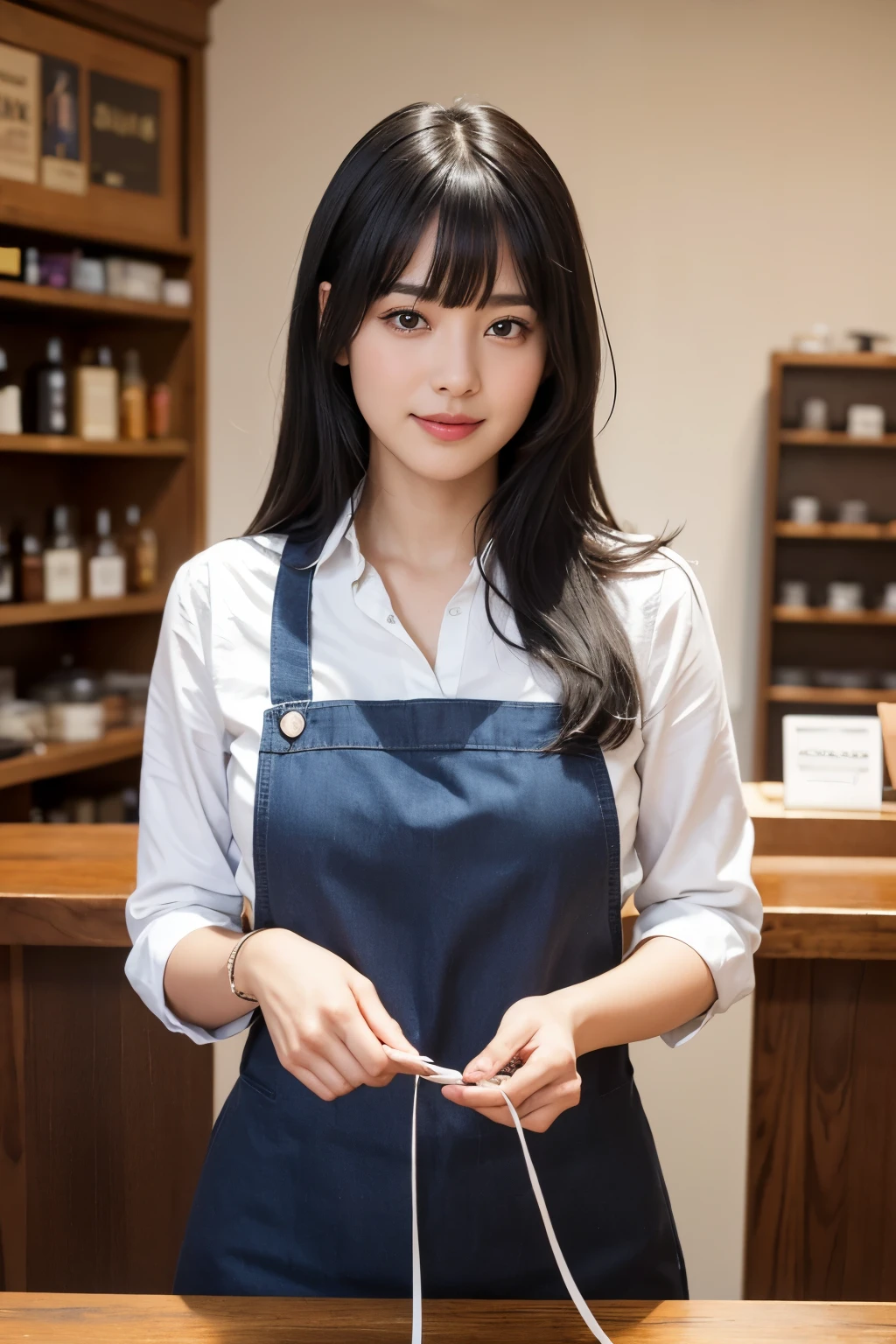 highest quality, masterpiece, 8k, ultra high resolution, (realistic: 1.4), 1 girl, beautiful face, symmetrical eyes, big, perfect body proportions, ((shortcut))、((black hair、Bangs Patsun)), Shop clerk、apron、casual fashion、the gaze of the beholder, (In the shop: 1.2), Front view, Absolute area (1.3),friendly smile、cowboy shot