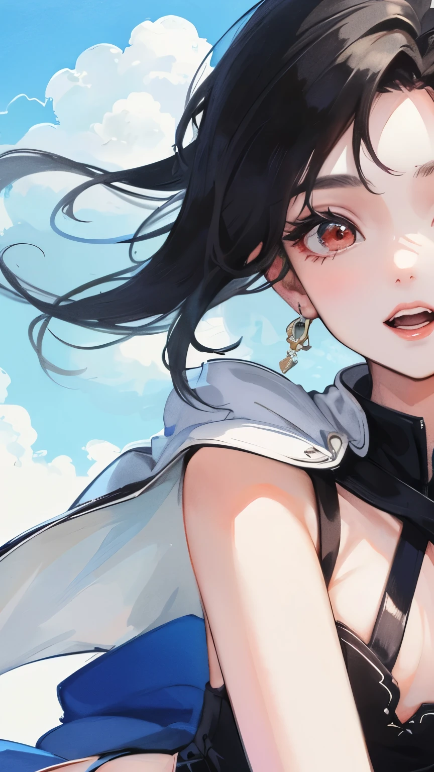 young girl black hair short hair red eyes irreverent face look down thin body thin thighs small breasts small ass toned body blue sky cloud hair blowing in the wind high quality High resolution 8K vampire watercolor natural feel bridge of nose martial arts ((最high quality)), ((masterpiece)), (become familiar with), dignified face grassland close up of face Beautiful as a goddess whole face Nipples are visible lipstick eye shadow Completely naked ID photo style