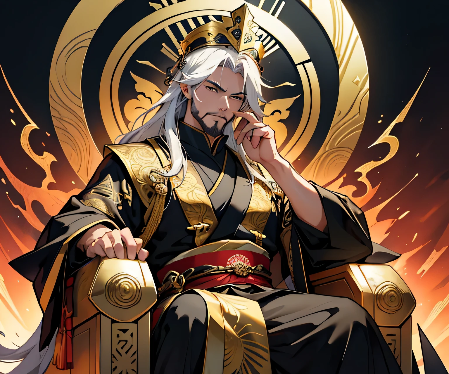 emperor,(8k,best picture quality,masterpiece:1.4),final fantasy,The bright spot hits the face，mature man, Chinese style, ancient Chinese long hair, black eyes, Hair ends are split, long hair, long bangs, Handsome, male, Serious, ease, High, calm, calm and black gold blend，golden texture，Dragon pattern，Highly detailed face，General of the Great Qin Empire，wearing a crown，Dressed in a golden military uniform，Handheld scrolls，Sitting on the dragon king&#39;s throne，angry eyes，bearded，All-round deterrence，Very detailed，colorful，most detailed，official art，unified 8k wallpaper，super detailed，Handsome，beautiful big breasts，masterpiece，best quality，（tangled，mandala，tangled，entangled），divine light，gold foil，gold foil艺术，flash drawing，PerfectNwsjMajic