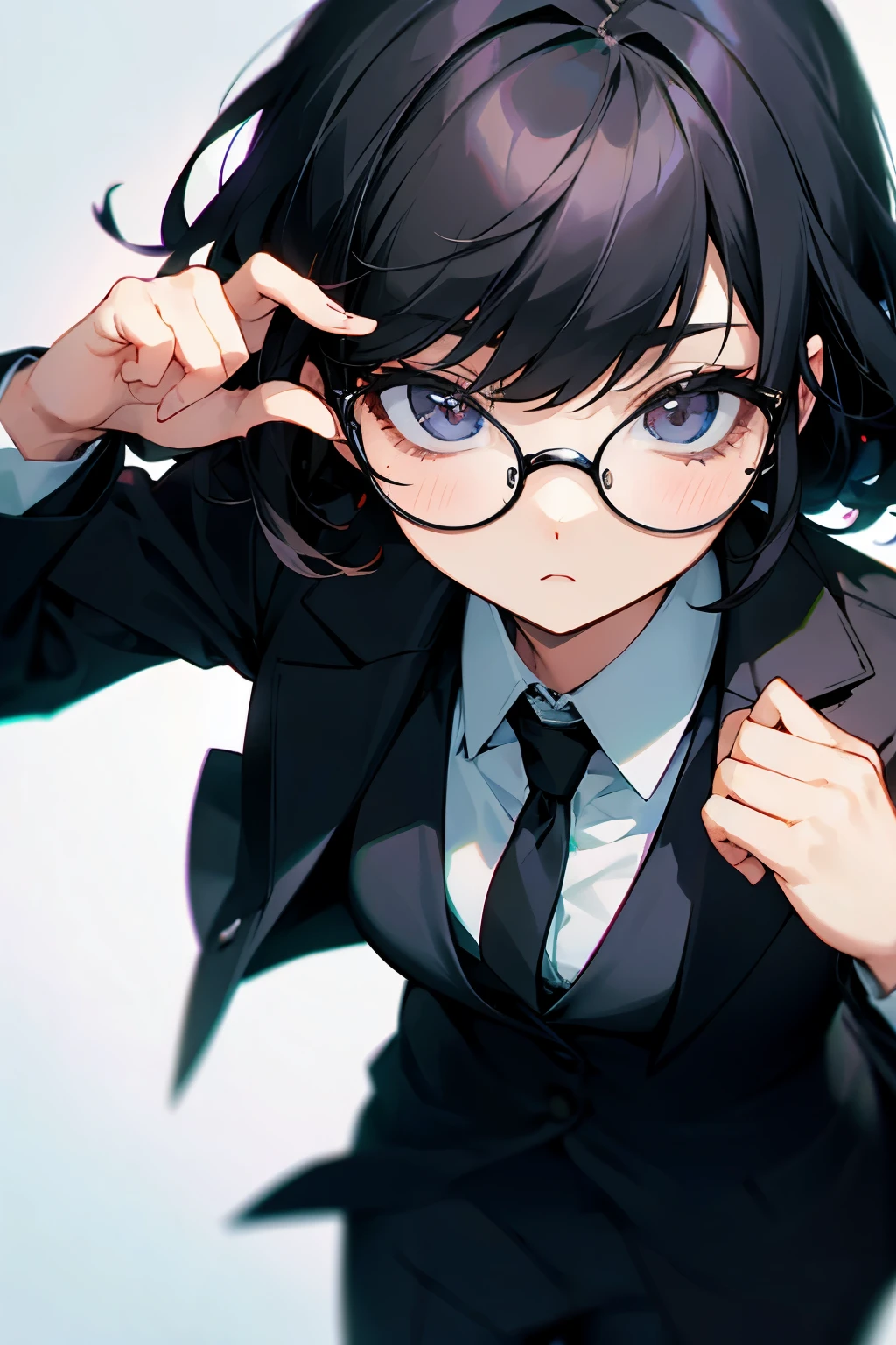 girl with glasses、black hair、black jacket、suit、