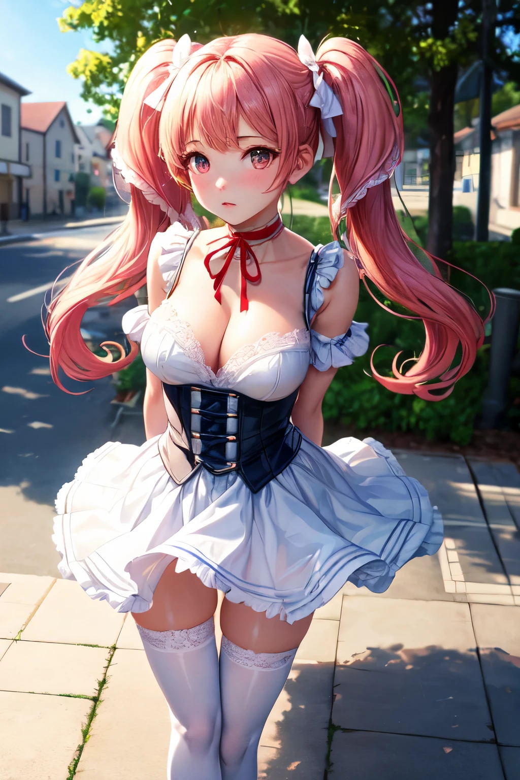 highest quality, masterpiece, High resolution, 8k, 超A high resolution, clarity, Clear drawings, Photoreal:1.4, beautiful face, symmetrical eyes, beautiful girl, Cute like an idol, young, primary school student, big breasts, show your breasts, show your breasts, pink eyes, blushing with embarrassment, twin tails, ta fashion, princess dress, white lace tights, frills, ribbon, White lace panties with transparent female genitals, red shoes, red choker, whole body, Arms restrained behind the back, fold your arms behind your back, My hands are hidden behind my back and I can't see them., Arms restrained behind the back, hands are hidden, show panties, exposed, walk on the sidewalk