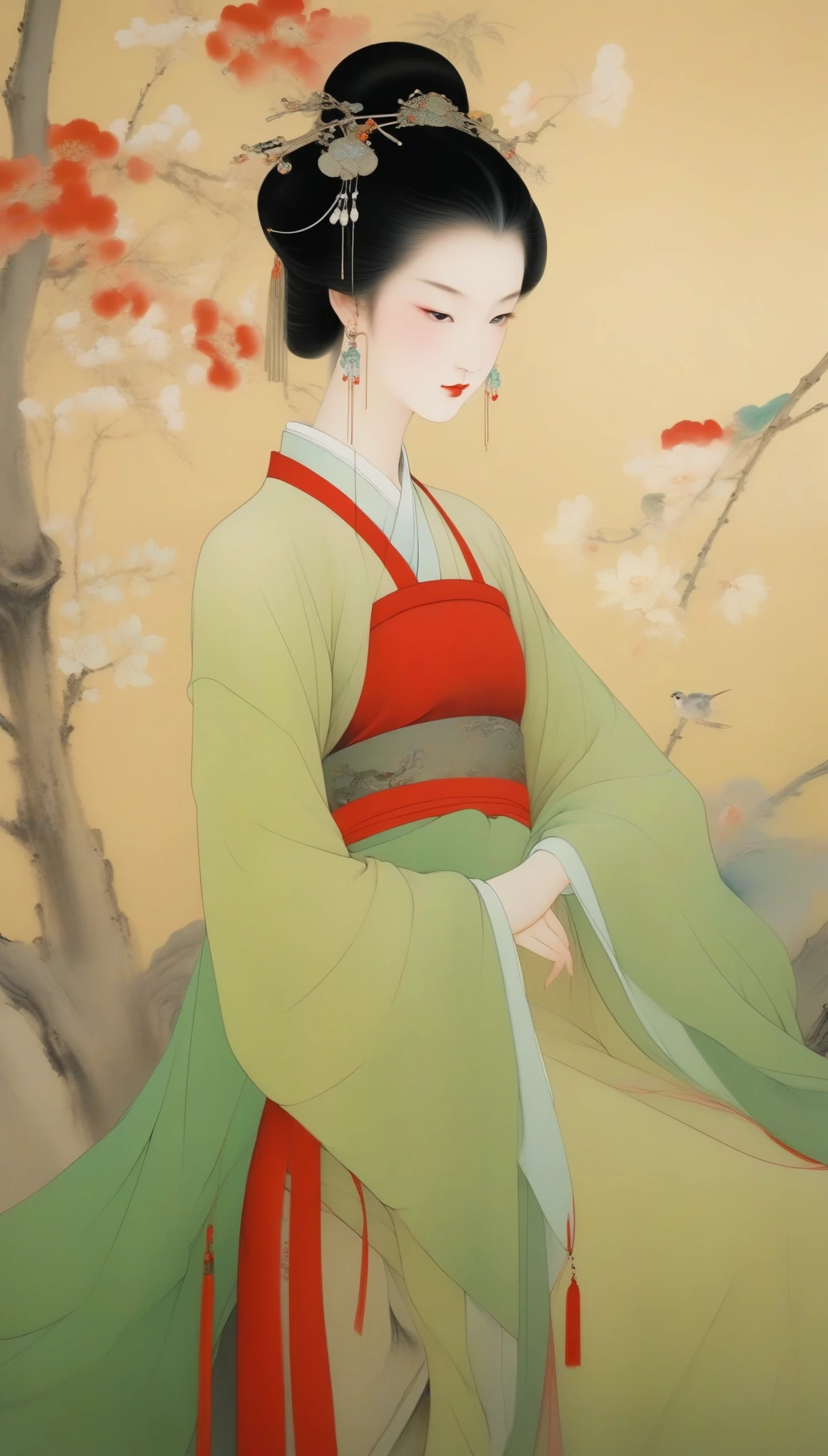 Wu Guanzhong，（The gorgeous and noble Concubine Yang of the Tang Dynasty of China is drinking wine with wine utensils：0.85），(Chinese Tang Dynasty red and gold costumes)，high bun、Exposed breasts、Red silk draped over shoulders，上着窄袖短shirt，Wearing a green floor-length skirt，Yang Guifei, a Tang Dynasty woman with a red belt hanging from her waist, is described as having exquisite facial features and a plump and well-proportioned body.。Her face is delicate，Have long, curved eyebrows，Resembling spring willow leaves，Eyes are big and full of energy，Eye corners raised slightly，The bridge of the nose is high and delicate，The small and rosy cherry mouth adds a lot of charm to her，Ears full and white，Hair is black and shiny，Highlights her fair skin，Good figure，The characteristic of women&#39;s clothing in the Tang Dynasty was skirts、shirt、The unity of Pei，An image of bare chest and arms appeared，。Wu Guanzhong兼取中西，His oil paintings are fresh、Bright，Full of national characteristics and lyrical meaning。Later he engaged in innovating ink painting，His paintings are somewhere between figuration and abstraction，Points to note、The rhythm of blending lines and ink blocks，With strong artistic personality and modern flavor。