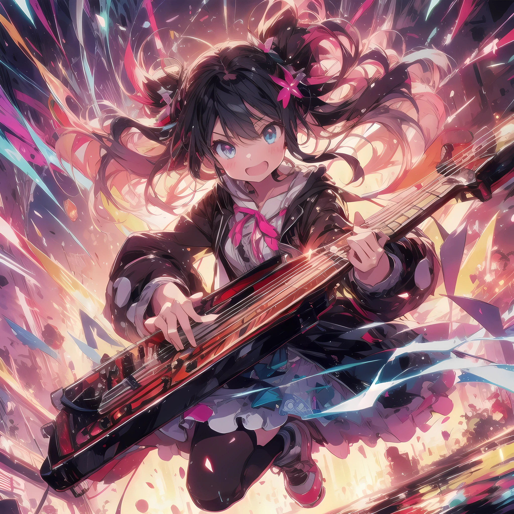 bioluminescent colors、6girl playing a series of castanets、raging castanets、chaos、tap、Dynamic energy、neon、cyber-、Synth is a wave、anime illustration