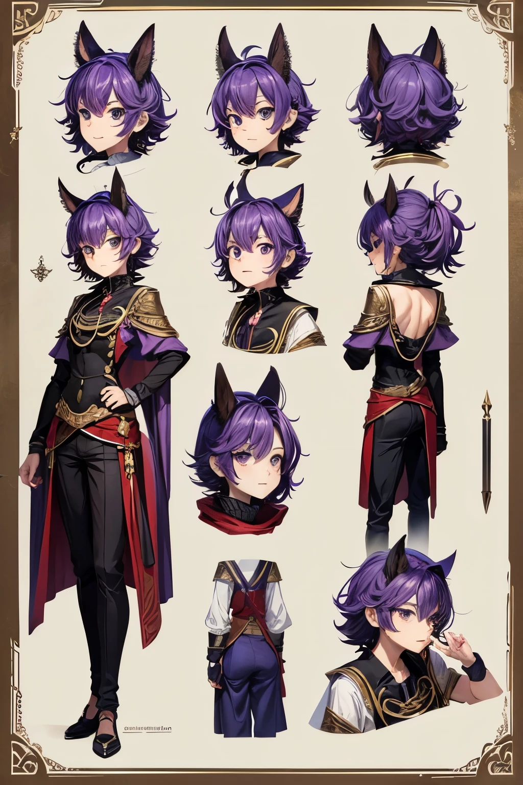 un dibujo de un personaje boy con un traje morado y un sombrero morado, character hoja de referencia, characters hoja de referencia, hoja de referencia, personaje adoptable, Hoja de personajes de arte conceptual, anime character hoja de referencia, referencia de personaje, full body character design, character design sheet, Hoja de caracteres conceptuales, full character design, [ character design ], concepto de personaje de cuerpo completo, cuerpo completo adoptable