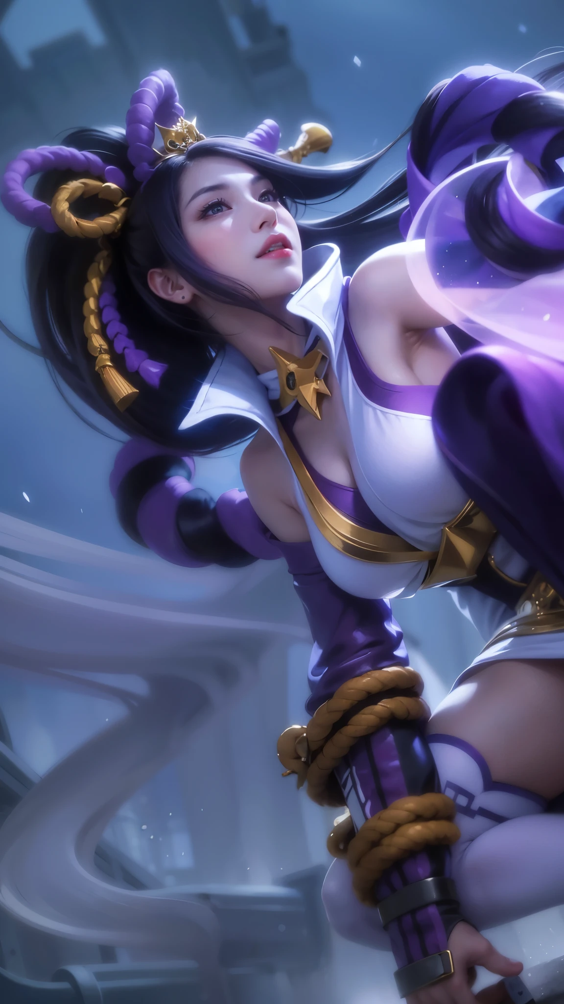 Masterpiece, best picture quality, high quality, beautiful woman, Japanese, popular Korean makeup, detailed, swollen eyes, detailed eyes, detailed skin, beautiful skin, ultra high resolution, (reality: 1.4),very beautiful, slightly younger face, beautiful skin, slender, (ultra realistic), (illustration), (high resolution), (8K), (very detailed) (best illustration), (beautifully detailed eyes), (super detailed), (wallpaper), (detailed face), looking at viewer, fine details, detailed face, pureerosfaceace_v1, smiling, looking straight ahead, looking straight ahead, angle from waist up, realistic photo, bright lighting, professional lighting, black hair (some of hair part green), long hair, dark ruins, big red moon, gorgeous red and black dress, mature woman, long stylish bangs, red lips, blue eyes,