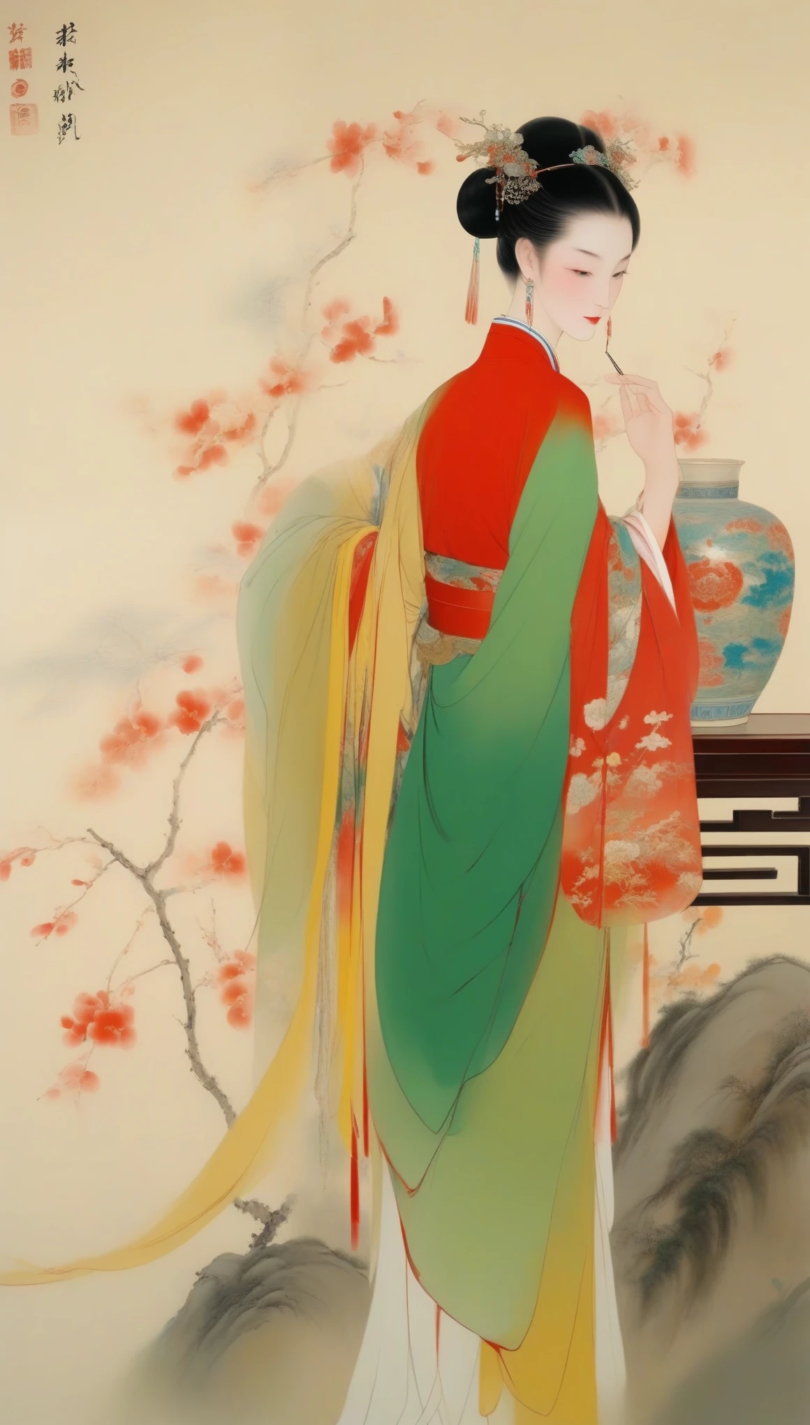 Wu Guanzhong，（The gorgeous and noble Concubine Yang of the Tang Dynasty of China is drinking wine：0.85），(Chinese Tang Dynasty red and gold costumes：0.65)，Ornate headdress，high bun、Exposed breasts、Red silk draped over shoulders，上着窄袖短shirt，Wearing a green floor-length skirt，Yang Guifei, a Tang Dynasty woman with a red belt hanging from her waist, is described as having exquisite facial features and a plump and well-proportioned body.。Her face is delicate，Have long, curved eyebrows，Resembling spring willow leaves，Eyes are big and full of energy，Eye corners raised slightly，The bridge of the nose is high and delicate，The small and rosy cherry mouth adds a lot of charm to her，Ears full and white，Hair is black and shiny，Highlights her fair skin，Good figure，The characteristic of women&#39;s clothing in the Tang Dynasty was skirts、shirt、The unity of Pei，An image of bare chest and arms appeared，。Wu Guanzhong兼取中西，His oil paintings are fresh、Bright，Full of national characteristics and lyrical meaning。Later he engaged in innovating ink painting，His paintings are somewhere between figuration and abstraction，Points to note、The rhythm of blending lines and ink blocks，With strong artistic personality and modern flavor。