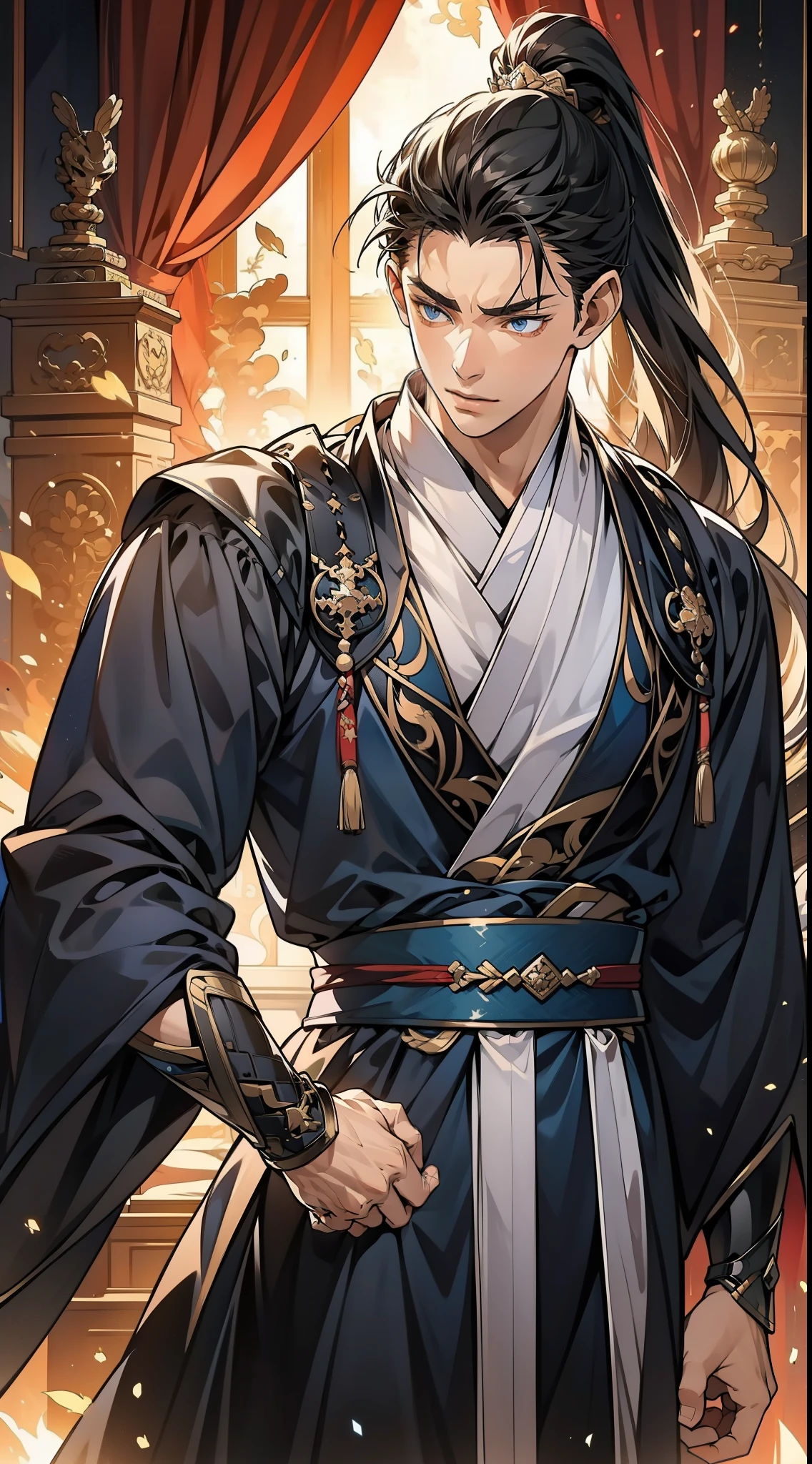 two-dimensional,anime style,one person(male warrior),Correct proportions,facial details,swordsman,high ponytail hairstyle,neck detail,There is an Adam'apple,Black period clothing,joke,black robe,clothing details,transfer,long sleeves,Game quality,fencing,Ray tracing,Ray tracing,Detailed glow,CG rendering,hair details,long black hair,blue eyes,Handsome,Handsome,(feeling of youth),Costumes are complicated,perfect composition,refine,high quality,More details,complex background,a sense of atmosphere,