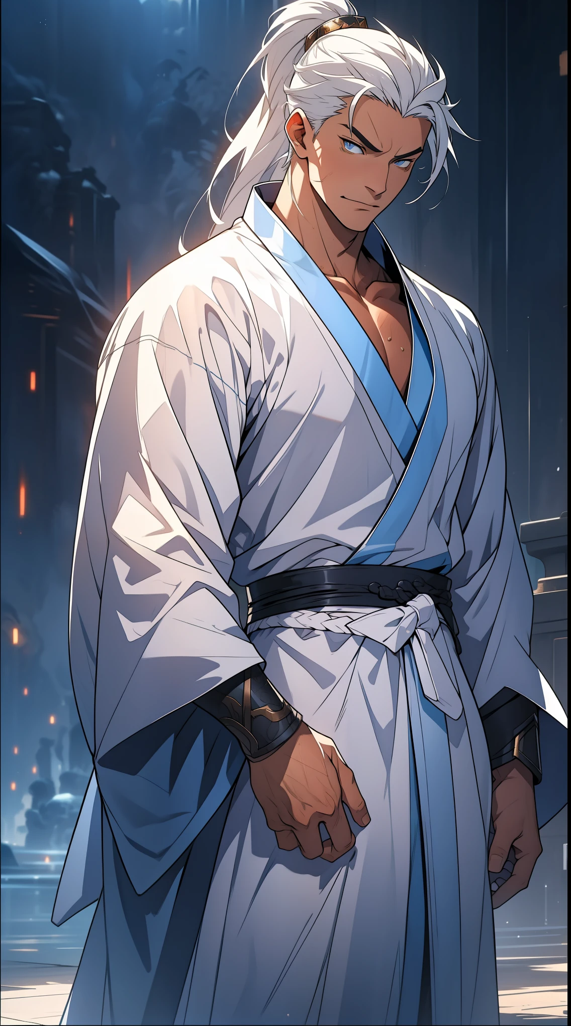 two-dimensional,anime style,one person(male warrior),Correct proportions,facial details,swordsman,high ponytail hairstyle,neck detail,There is an Adam'apple,white robe,joke,white robe,clothing details,transfer,long sleeves,Game quality,fencing,Ray tracing,Ray tracing,Detailed glow,CG rendering,hair details,long white hair,blue eyes,Handsome,Handsome,(feeling of youth),Costumes are complicated,perfect composition,refine,high quality,More details,complex background,a sense of atmosphere,