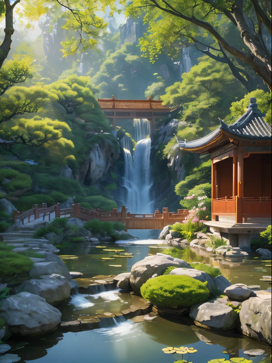 ((Best quality, masterpiece: 1.2)), CG, 8K, intricate details, cinematic perspective, (no one around), (Ancient Chinese garden), pond filled with lotus flowers, rocks, flowers, bamboo forests, waterfalls, wooded areas, small bridges spanning babbling streams, detailed foliage and flowers, (sunlight shining, sparkling waves), peaceful and serene atmosphere, ((soft and elegant colors)), ((exquisitely crafted composition)) write a signature name (Zaayn) on right down corner high definition ultra hd