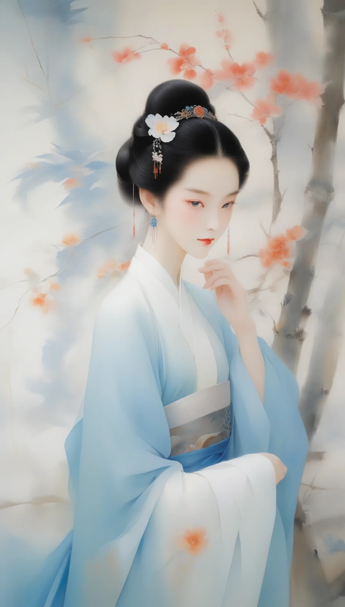 Wu Guanzhong，（中国春秋时期的美女Xi Tzu正在riverside浣纱：0.13），（whole body），（Blue and white clothing），Xi Tzu，long hair，Her figure is slim and graceful，Especially the waist is slender and soft，It gives a gentle and gentle feeling，Skin as white as snow，Exquisite facial features，Especially the eyes are bright and full of energy。Her face shape is usually oval，Liu Yemei，double eyelids，Popular among aristocrats during the Spring and Autumn Period（deep robe），The first characteristic of deep clothing is that the top and bottom are connected；（wide style）， &quot;Wide belt&quot; is comfortable to wear，Long and does not mop the floor，The hem does not slit，Wearable with elbow flexion，Sleeve length and arm length are equal，（Girdle your waist with a wide band），background：riverside.
Wu Guanzhong兼取中西，His oil paintings are fresh、Bright，Full of national characteristics and lyrical meaning。Later he engaged in innovating ink painting，His paintings are somewhere between figuration and abstraction，Points to note、The rhythm of blending lines and ink blocks，With strong artistic personality and modern flavor。