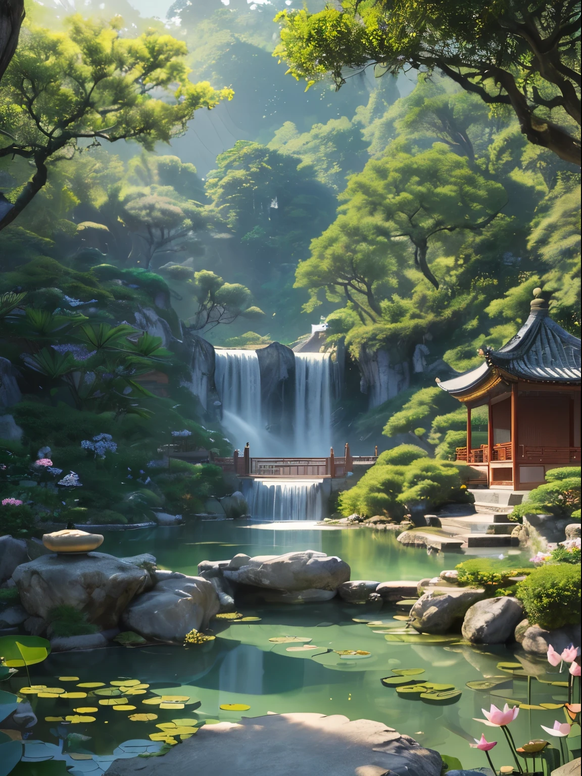 ((Best quality, masterpiece: 1.2)), CG, 8K, intricate details, cinematic perspective, (no one around), (Ancient Chinese garden), pond filled with lotus flowers, rocks, flowers, bamboo forests, waterfalls, wooded areas, small bridges spanning babbling streams, detailed foliage and flowers, (sunlight shining, sparkling waves), peaceful and serene atmosphere, ((soft and elegant colors)), ((exquisitely crafted composition)) write a signature name (Zaayn) on right down corner high definition ultra hd