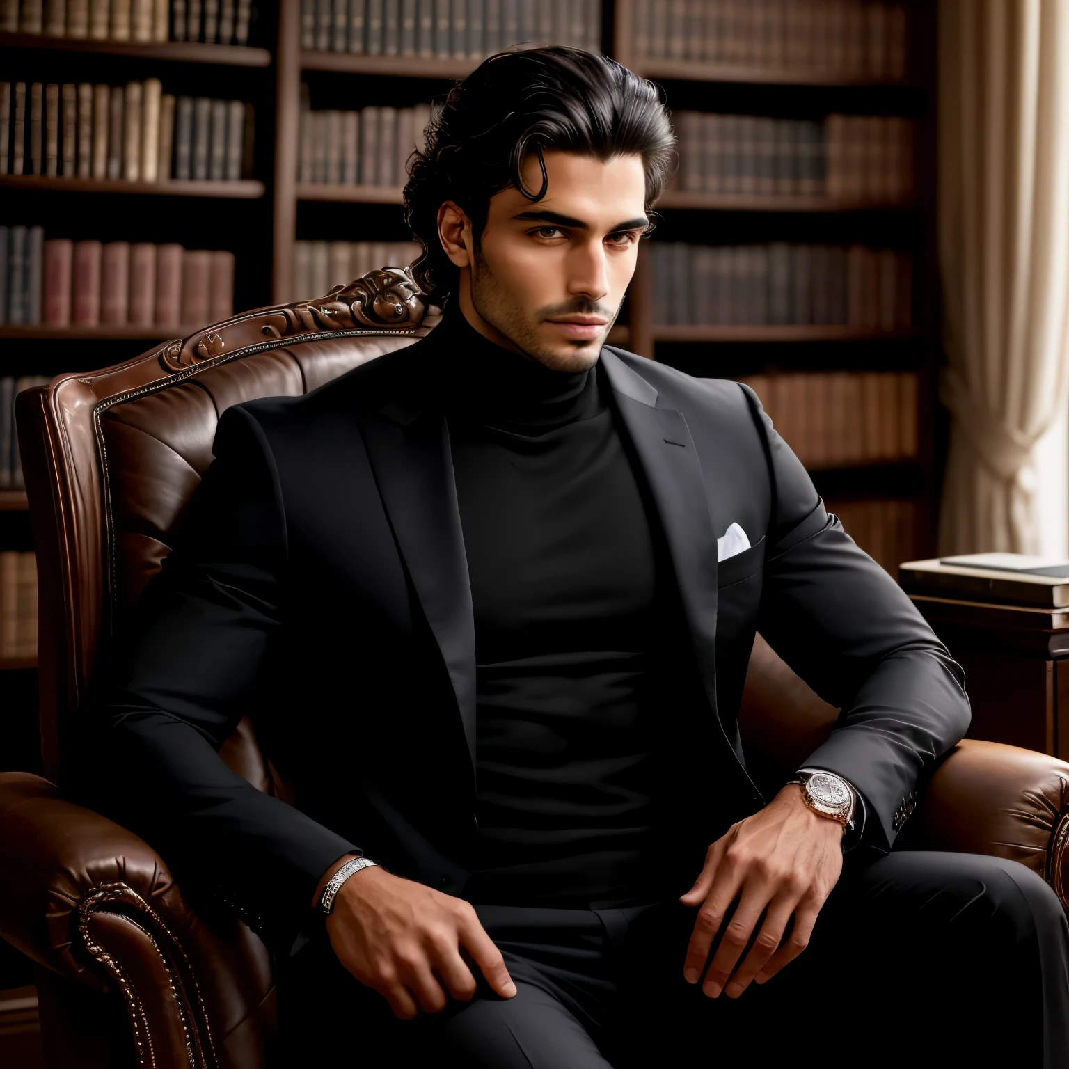 A mysterious man with olive-toned skin and deep brown eyes is comfortably seated in a plush chair inside a luxurious mansion, surrounded by books that fill the backdrop. The man's dark brown, voluminous medium hair cascades down to his shoulders. He wears a sleek black suit complemented by a turtleneck black sweater that accentuates his impeccably detailed hands. The full figure of the man is visible from head to toe in this highly detailed 8k image. The man's body is oriented towards the viewer, and the lighting in the scene illuminates his features brilliantly.