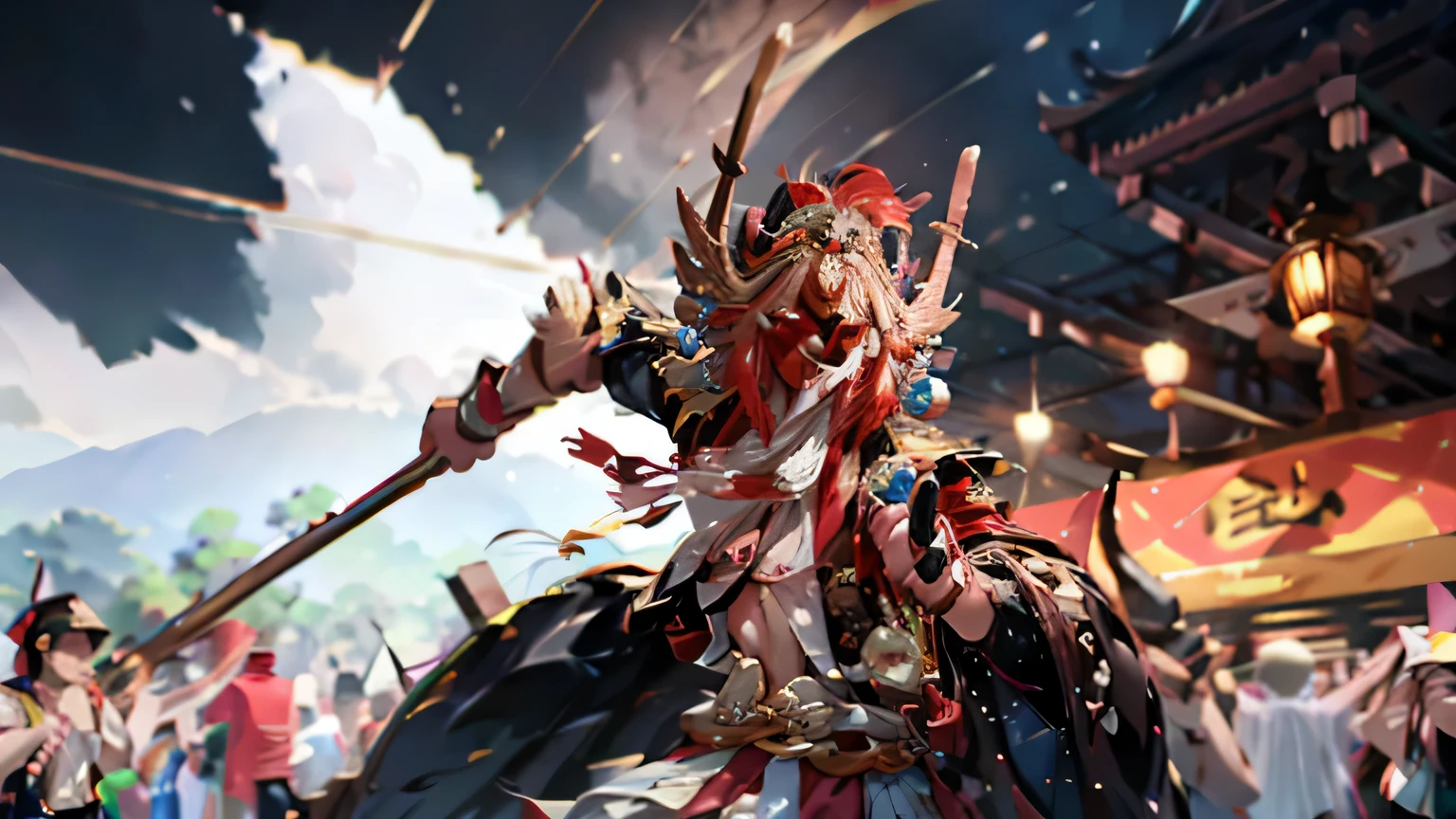 (a male dancer wearing an elaborate demon mask and holding a long spear,dancing in a crowd at a Chinese festival,a drummer beating a drum in the background,ultra wide-angle perspective),(best quality,ultra-detailed,high-res,realistic),vibrant colors,celebratory atmosphere,dynamic lighting
