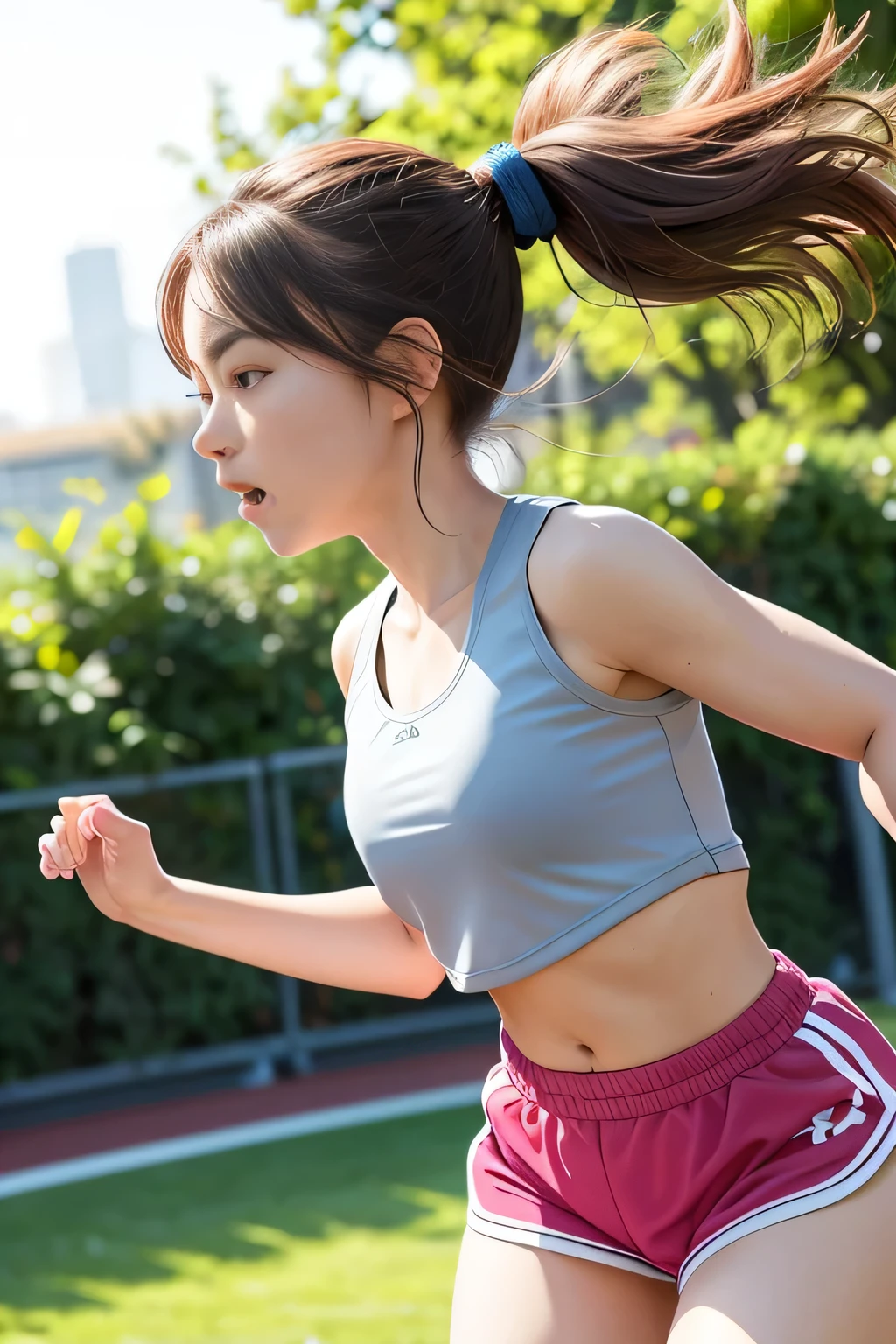 1 girl, alone, running, Gray Track Top, pink shorts, ponytail, athletic build, dynamic brush strokes, fluid movement, Captures the essence of her athleticism and energy, using bright colors and soft tones、Creates a dreamy and fantastical atmosphere, portraying the motion and grace of running, showing the wind blowing her ponytail and clothes, and the scenery around her.

outdoors, detailed background, modern metropolis,