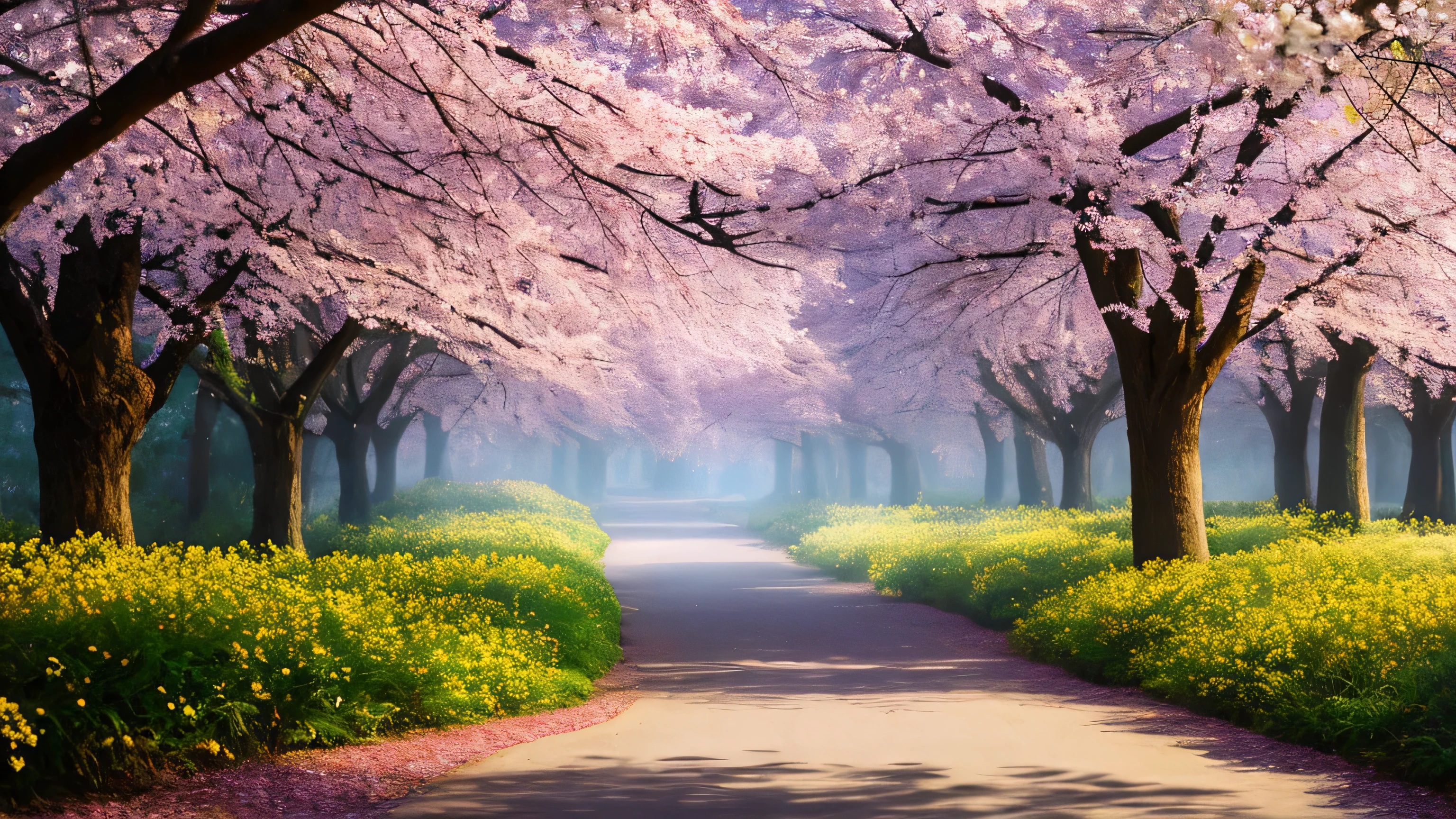 masterpiece, best quality, high quality, extremely detailed 8k wallpaper of CG unit, a charming and dreamy scene of a lush forest of sakuras, with tall trees, creating a sense of mystique and enchantment, artistic station, digital illustration, intricate, trend, pastel colors, oil painting, award-winning photography, Bokeh, depth of field, HDR, flower, chromatic aberration, photorealistic, extremely detailed, trend in artstation, trend in CGsociety, intricate, high detail, dramatic, art in the middle of the journey, old tree, winding road, lakelet, small fog, cherry blossom tree, small lake next to the forest, tree tunnel, forsythia flower, Magnolia flowers blooming sparsely