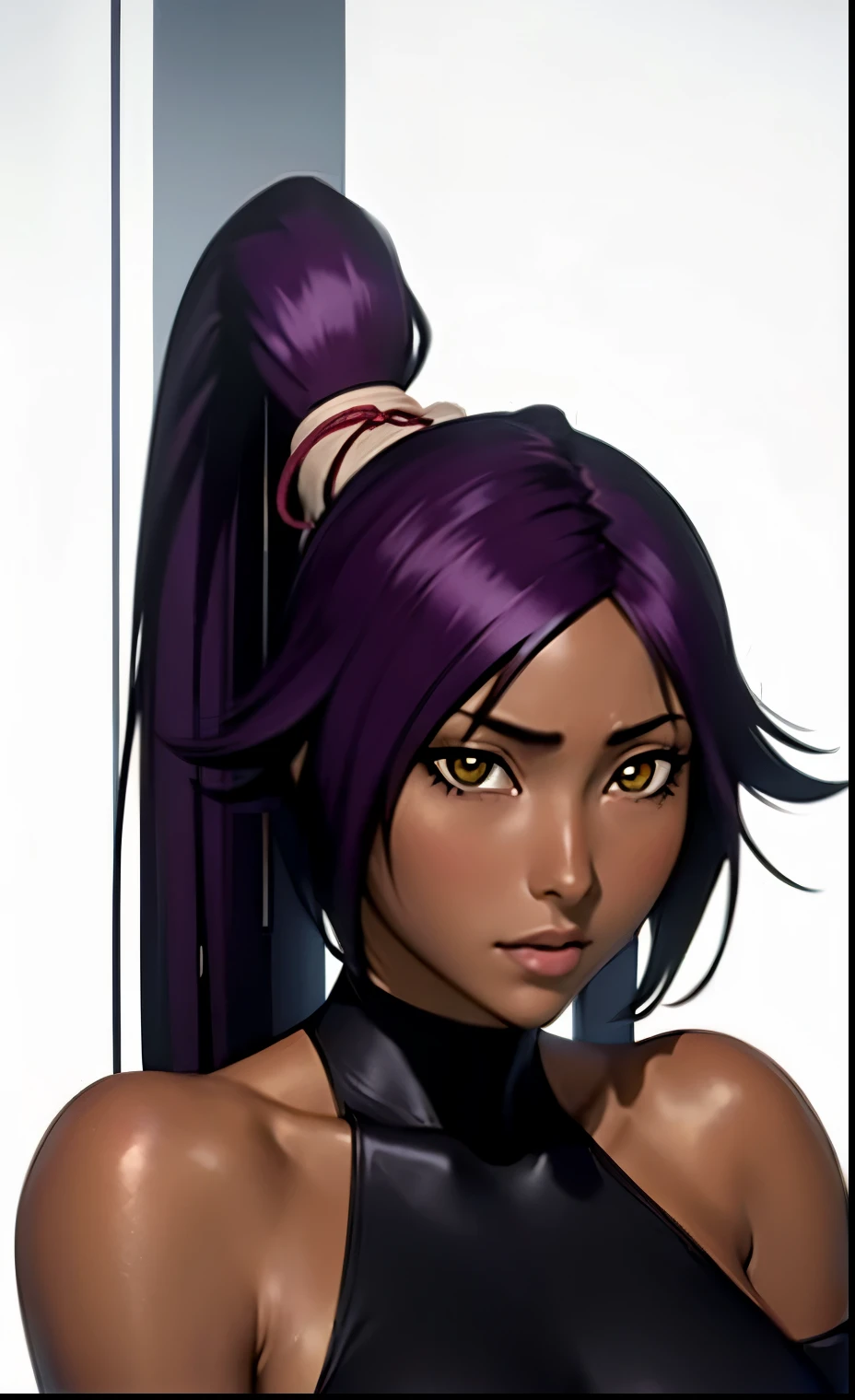 High resolution, shihouin yoruichi, luscious eyes, 1 girl, solo, detailed face, dark skinned female, dark skin, long hair ponytail, parted bangs, purple hair, yellow eyes, bare shoulders, ((black leotard)), high-leg, white background, empty background