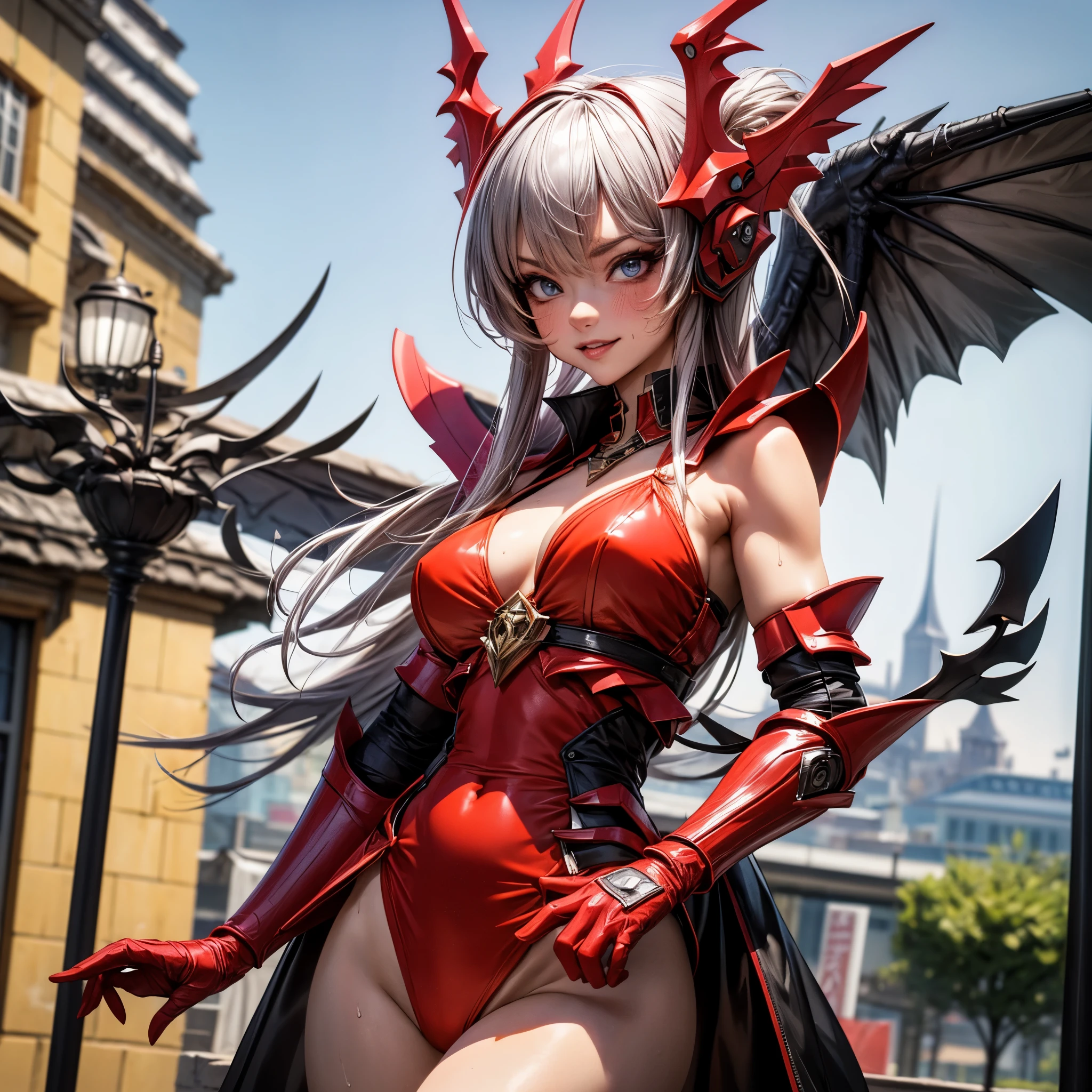(masterpiece:1.2), (best quality:1.2), perfect eyes, perfect face, volumetric lighting, 1girl, 1boy mature female, hand on hip, flexing biceps, long hair, purple hair, seductive smile, blush, sweat, bikini armor, soldier \(dq3\), winged helmet, red armor, abs, toned, wide hips, thick thighs, huge breasts, dancing and singing, in the suburbs, high res, ultrasharp, 8K, masterpiece, HDR, 8k, absurdres, cinestill 800, sharp focus, add_detail:3