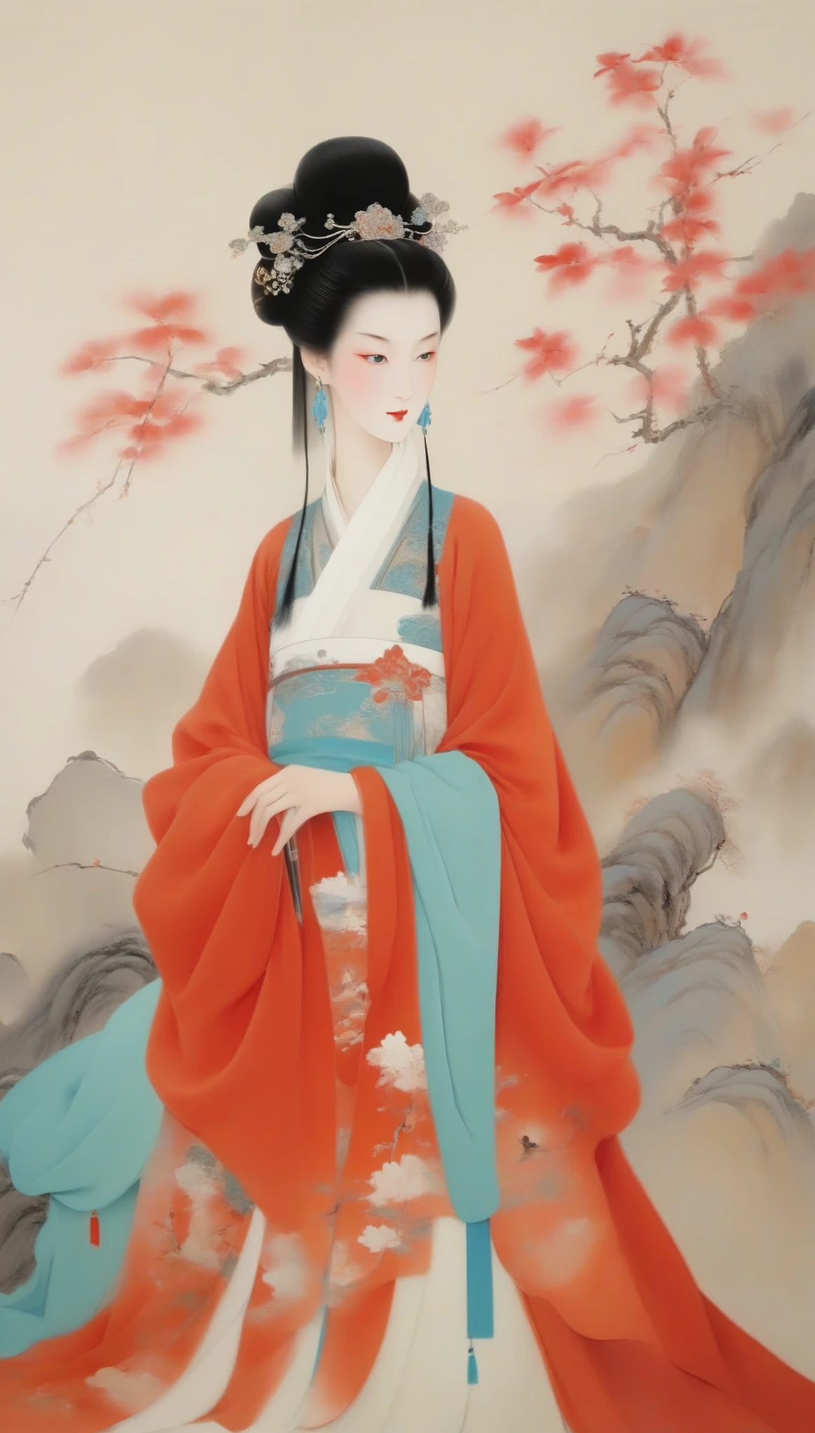 Wu Guanzhong，（The beautiful Queen Zhaojun of the Western Han Dynasty of China went out to the fortress：0.13），（whole body），（Han Dynasty red hooded cloak costume），Appearance plump and rounded，Round face shape，The eyes are not big，Small nose，Lips are red and slightly upturned，Has long black hair，background：大雪塞外
Wu Guanzhong兼取中西，His oil paintings are fresh、Bright，Full of national characteristics and lyrical meaning。Later he engaged in innovating ink painting，His paintings are somewhere between figuration and abstraction，Points to note、The rhythm of blending lines and ink blocks，With strong artistic personality and modern flavor。