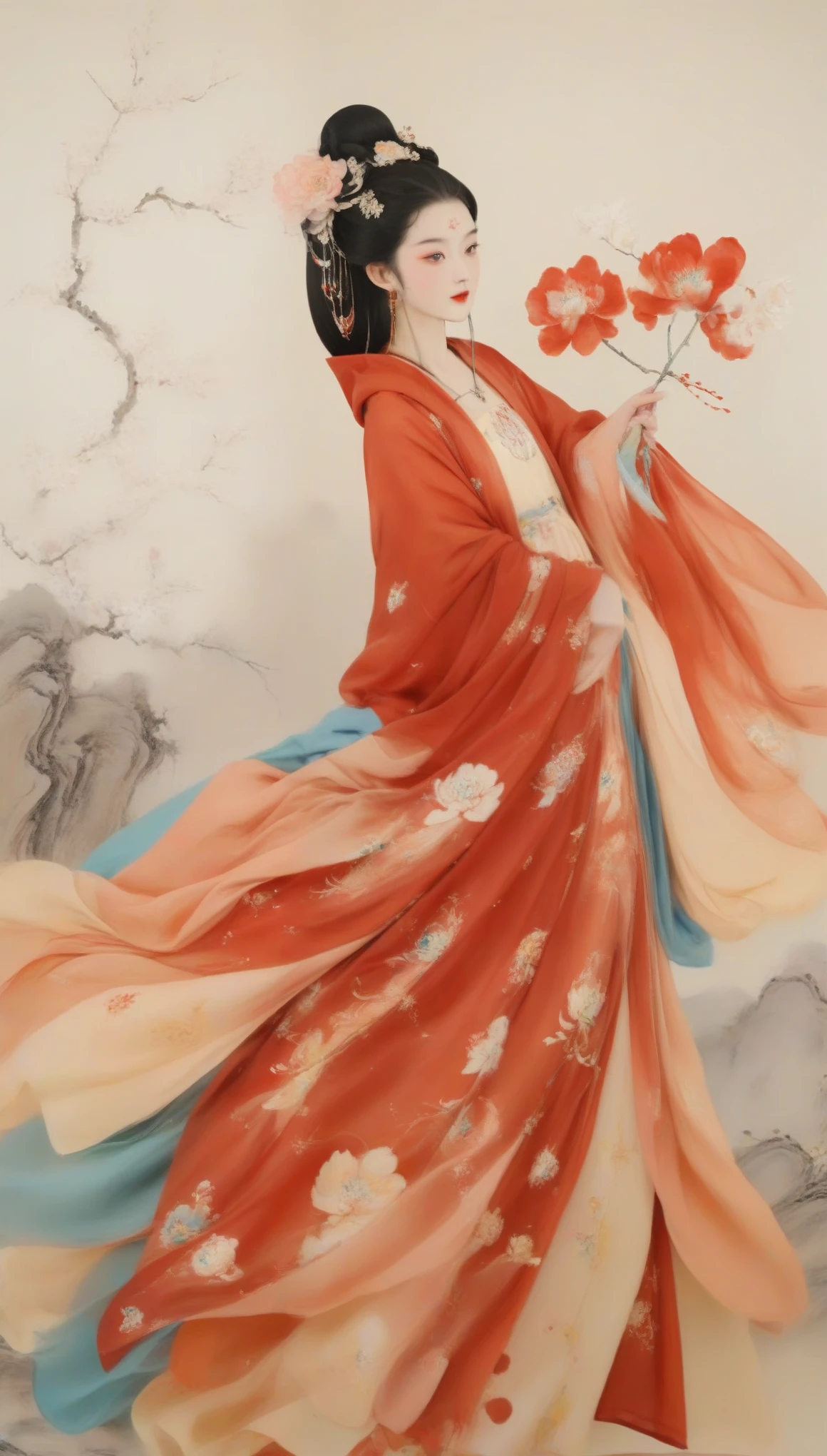 Wu Guanzhong&#39;s works，（The beautiful Queen Zhaojun of the Western Han Dynasty of China went out to the fortress：0.13），（whole body），（Han Dynasty red hooded cloak costume），Appearance plump and rounded，Round face shape，The eyes are not big，Small nose，Lips are red and slightly upturned，Has long black hair，background：Wu Guanzhong conquered both China and the West outside the Great Snow，His oil paintings are fresh、Bright，Full of national characteristics and lyrical meaning。Later he engaged in innovating ink painting，His paintings are somewhere between figuration and abstraction，Points to note、The rhythm of blending lines and ink blocks，With strong artistic personality and modern flavor。