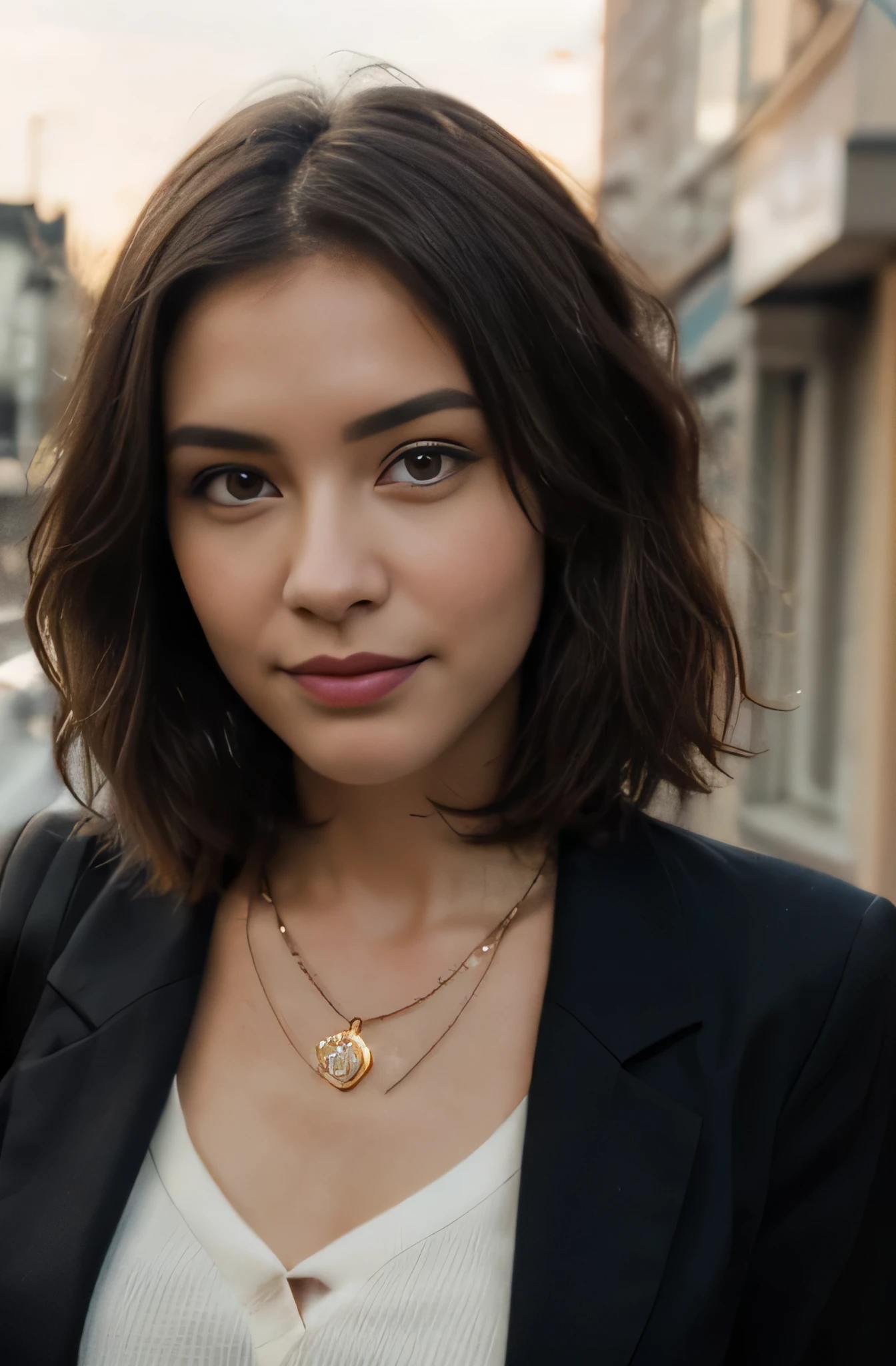 (in 8K, Rohfoto, best quality, ​Masterpiece:1.2), 1 girl , 20 Jahre, 3/4 bodies, a beauty, asiatisch, japanische Mischung, Balkan-Abstammung, slim normal body, Karamellfarbene Haarfarbe, kurzes Haar, (Welliges Haar), Bob schneidet Haare,(Show your teeth and smile), Blick auf den Betrachter, Blazer, in Hemden gesteckt, Office outfit, professionelles Aussehen, (Perlenkette:1.2), ((highest quality, 16 k, Meisterwerk: 1.3)), Biologisch korrekter Mensch, Referenz, detaillierte Gesichter, Detaillierte Lippen, detaillierte Augen, glitzernde Augen, realistic students, Brown students, Draussen, Eleganz, Licht im Gesicht, goldene Stunden, Ambientelicht, Hintergrundbeleuchtung, summer,  filmischer Look, deep depth of field, verschwommener Hintergrund, Nahaufnahme des Gesichts, Vorderansicht