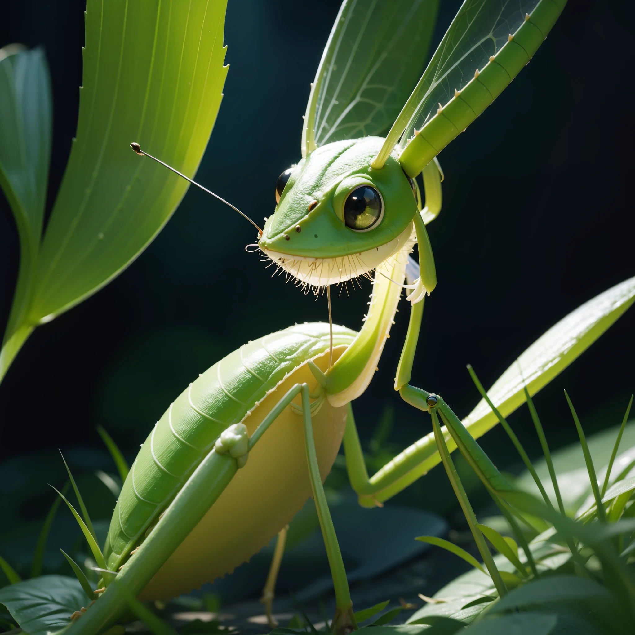 Around 50 with big eyes and long antennae standing in the grass, award winning macro photography, anthropomorphic praying mantis, very realistic pictures, portrait of a alien insect, Praying mantis eyes, insect, close up portrait shot, Alien in the form of a praying mantis, macro photography, 細with long antennae, with long antennae, HD macro photography,There is a cartoon insect sitting on a rock, adorable digital paintings, Anat Finstark. pixar, pixar cute character design, cute 3d rendering, maya bee, cute pixar character, Stylized as a 3D rendering, Fairy characters, depicted as a pixar character, high quality cg render, pixarによる, cute detailed digital art, stylized 3d, Disney character style,