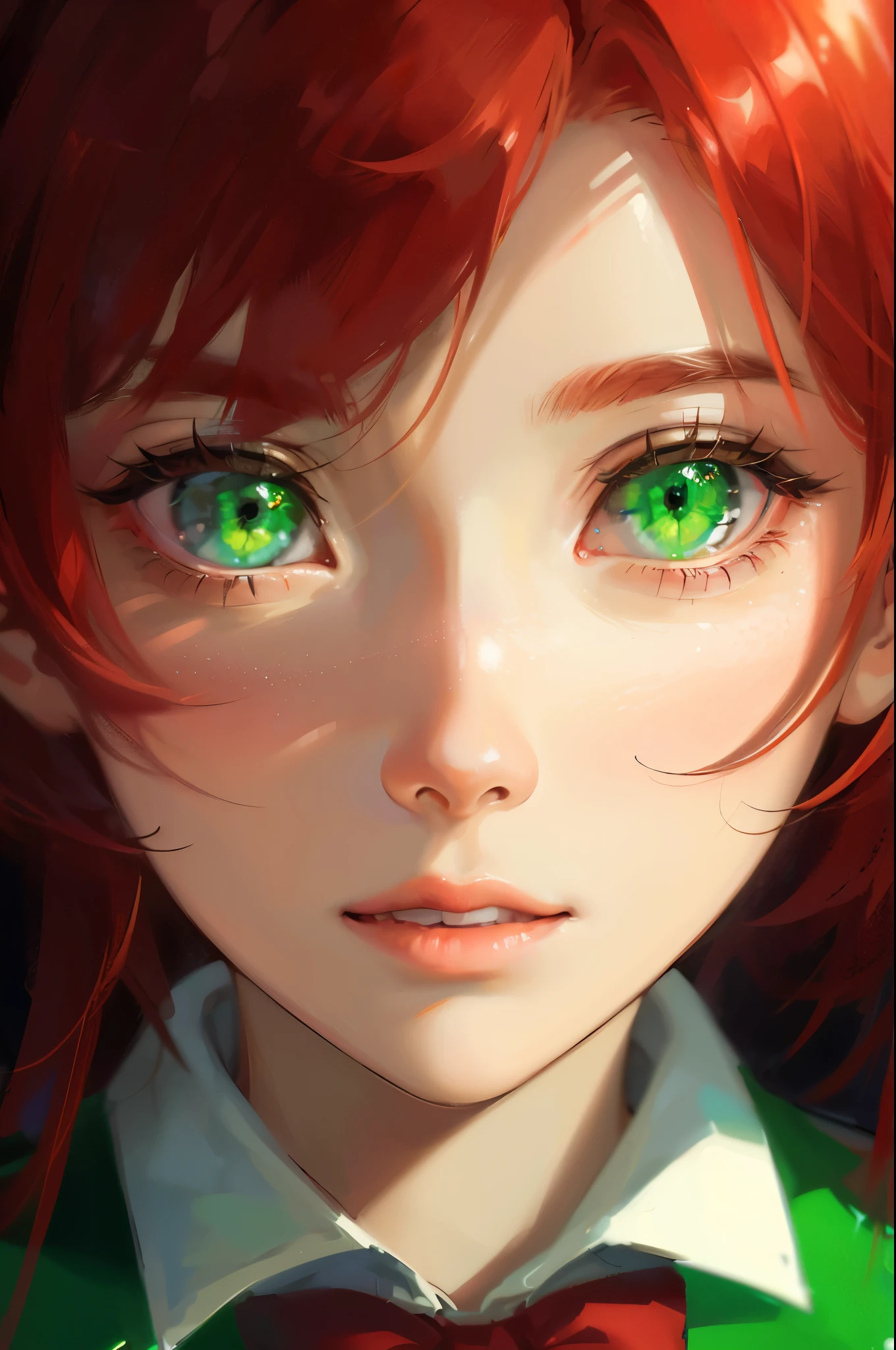 best quality, face focus, soft light, ultra high res 1girl, solo, cute, (green eye), (pupil, lights in the eyes), detailed beautiful face, (high resolution detail), medium hair, red hair, ((Wearing school uniform)).