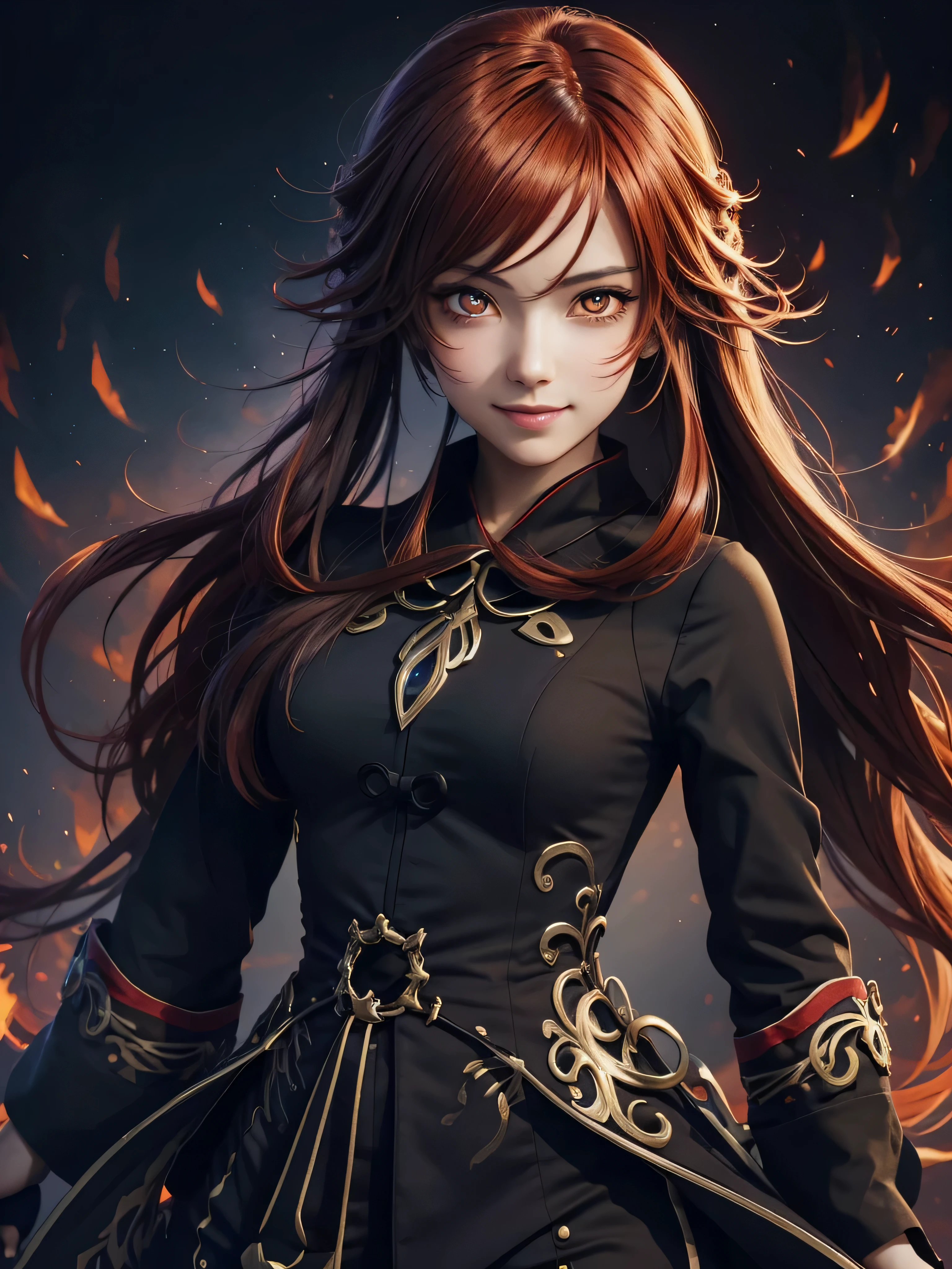 anime, stunning art style, fiery and radiant colors, detailed hair and outfit, expressive eyes, confident and mysterious smile, dark background, ethereal lighting, (best quality, 4k), (anime:1.1), (vivid colors:1.1), (realistic:0.9), (sharp focus:0.9)